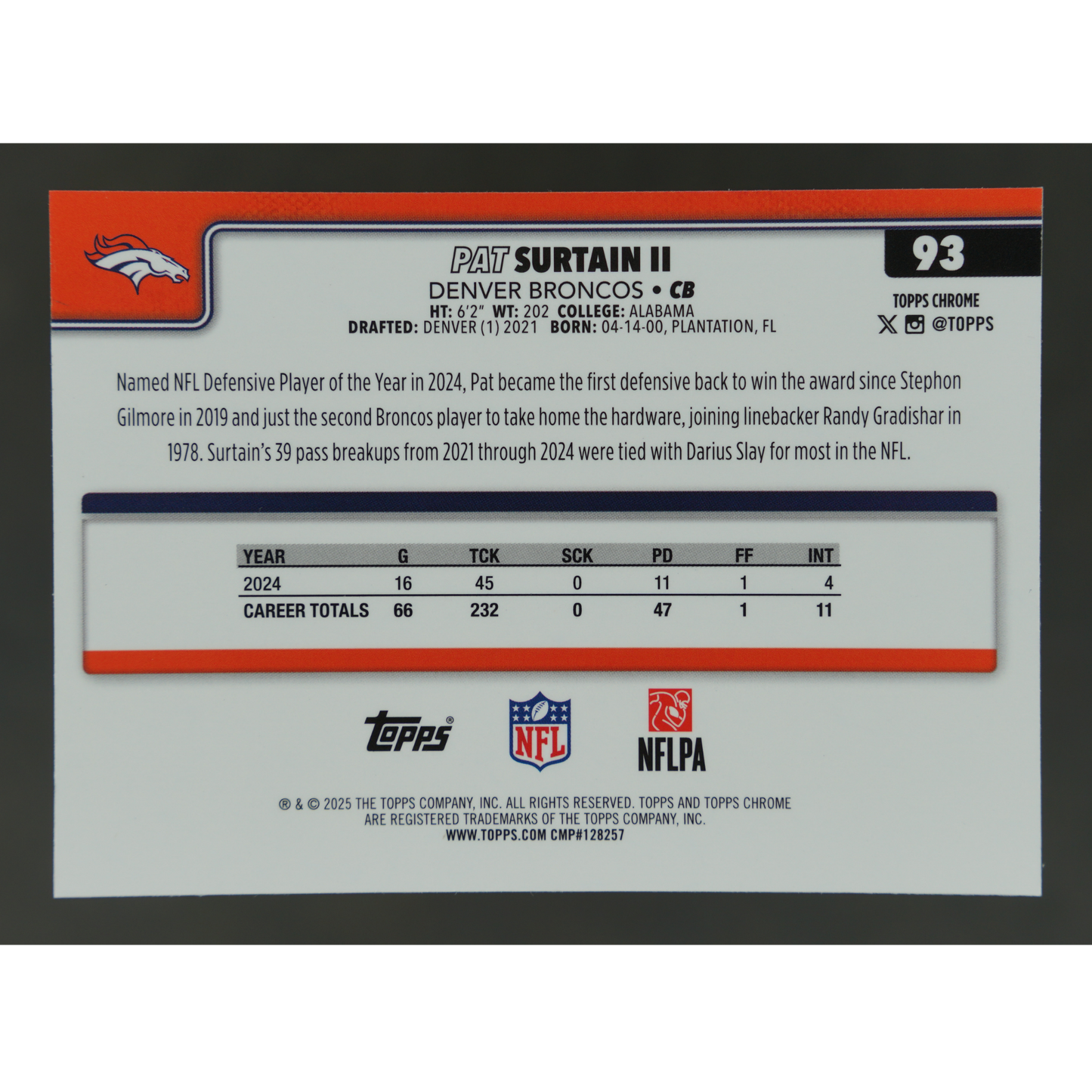 Pat Surtain II 2025 Chrome Pulse Refractor #93