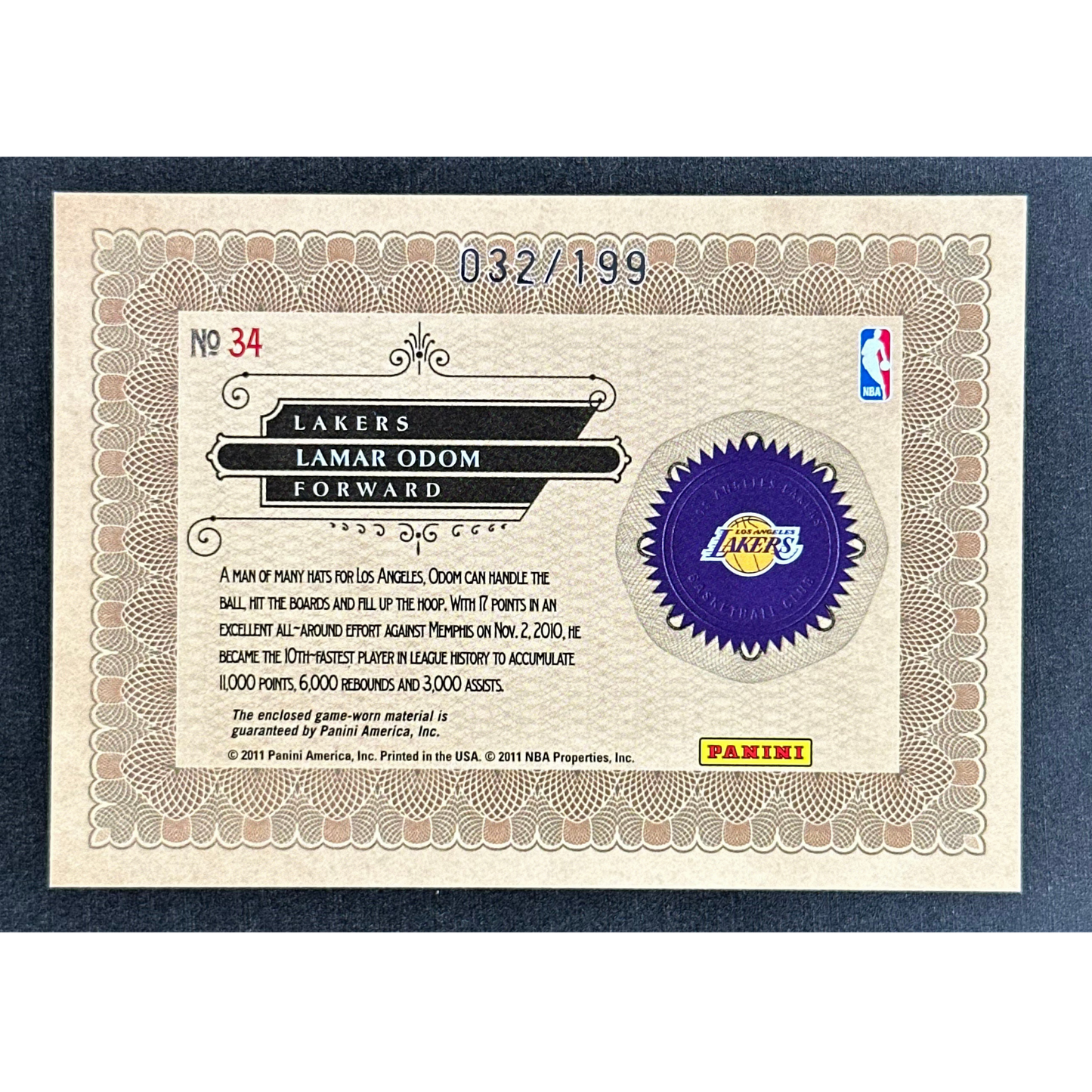 Lamar Odom 2011 Gold Standard Nuggets Memorabilia 32/199 #34