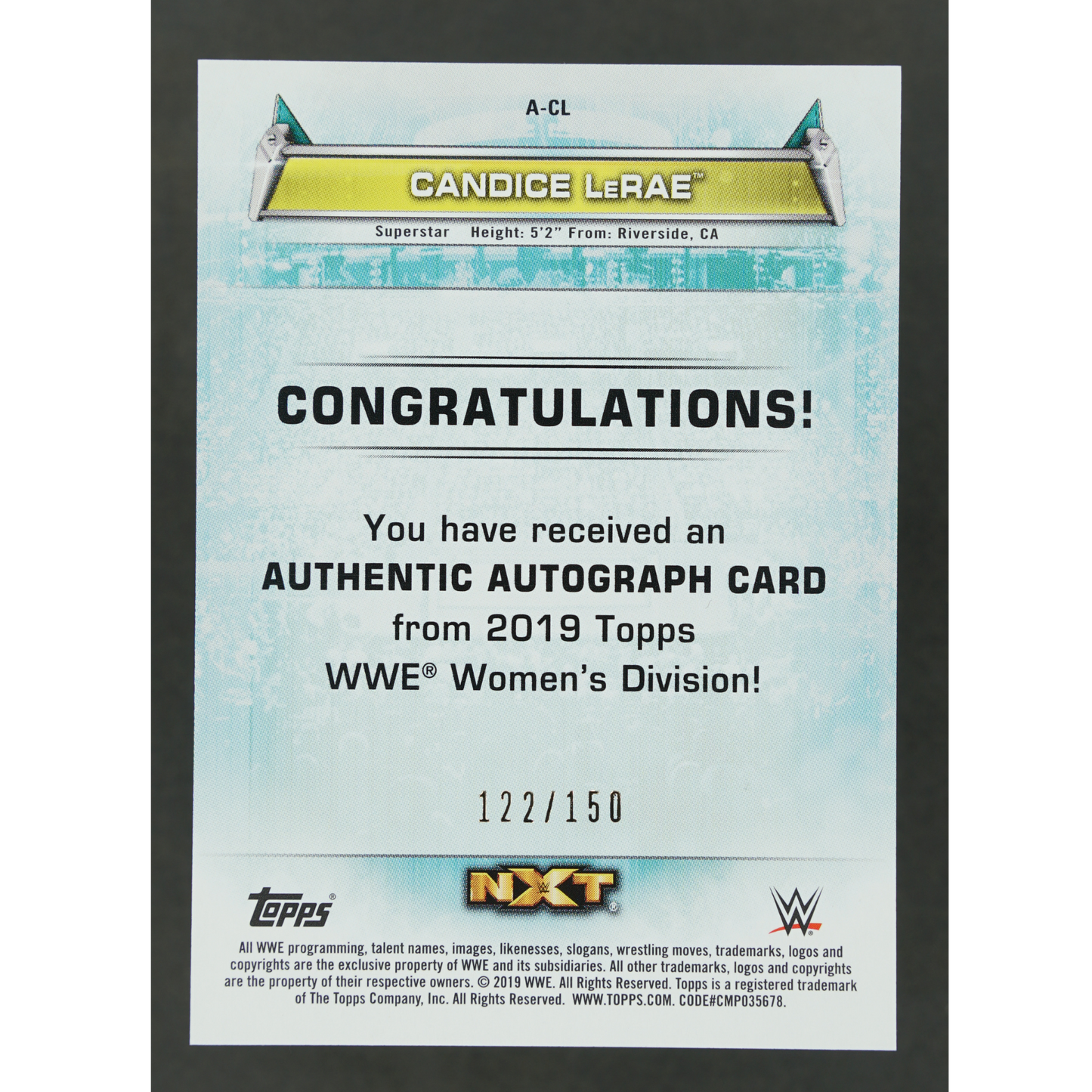Candice LeRae 2019 NXT Auto 122/150 #A-Cl