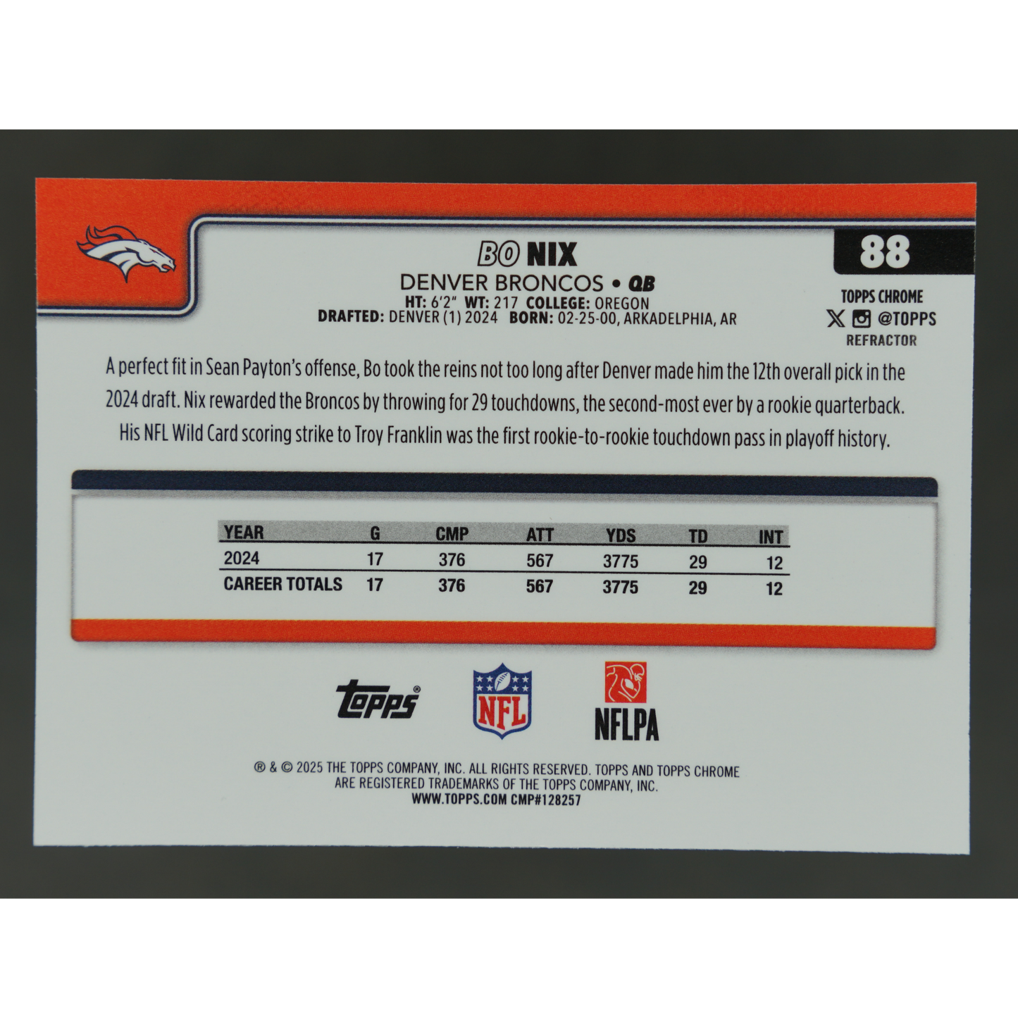 Bo Nix 2025 Chrome Refractor #88