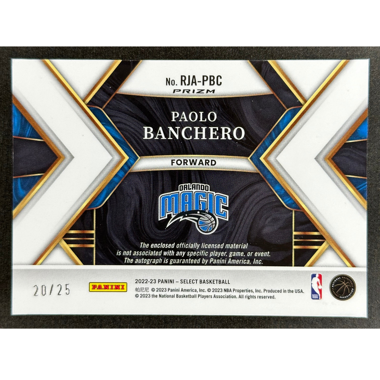 Paolo Banchero 2022 Select Rookie Jersey Auto 20/25 #RJA-PBC