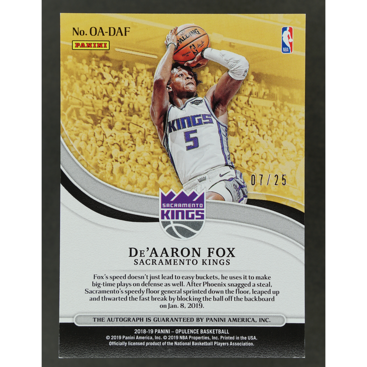 De´Aaron Fox 2018 Opulence Auto 7/25 #OA-DAF