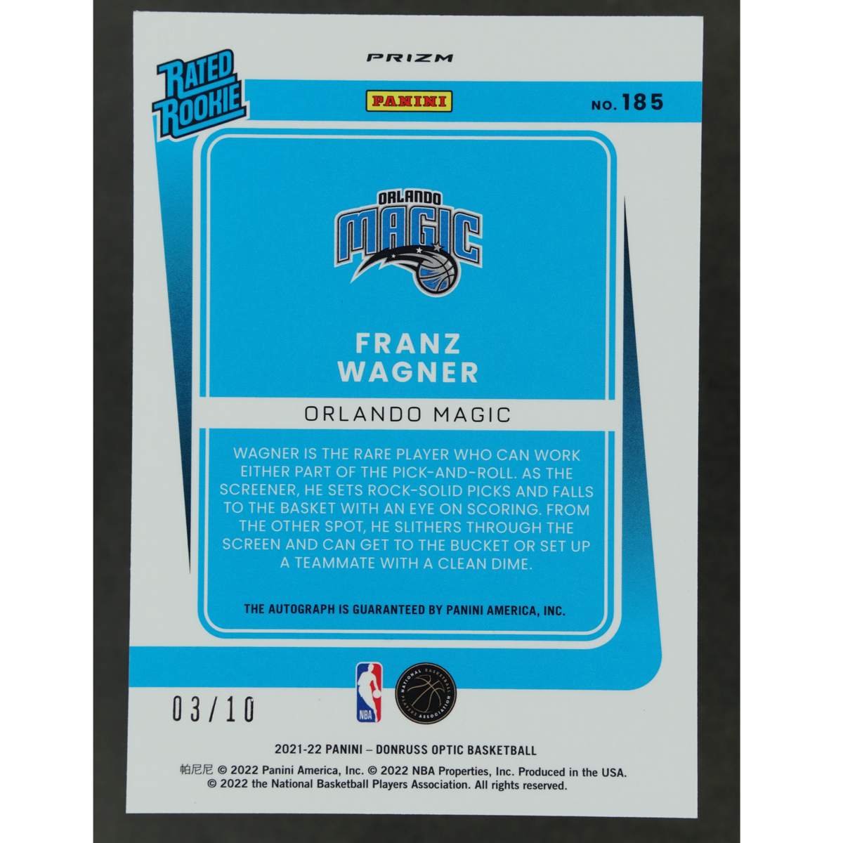 Franz Wagner 2021 Optic Premium Box Set RC Auto 3/10 #185