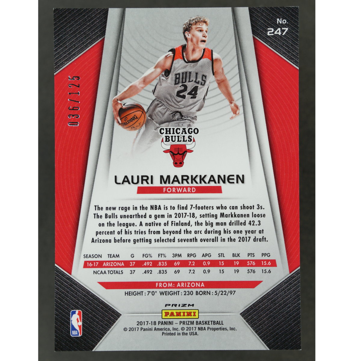 Lauri Markkanen 2017 Prizm Red Fast Break 36/125 RC Rookie Card #247
