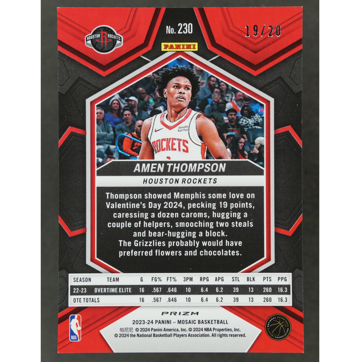 Amen Thompson 2023 Mosaic RC Fast Break Pink 19/20 #230