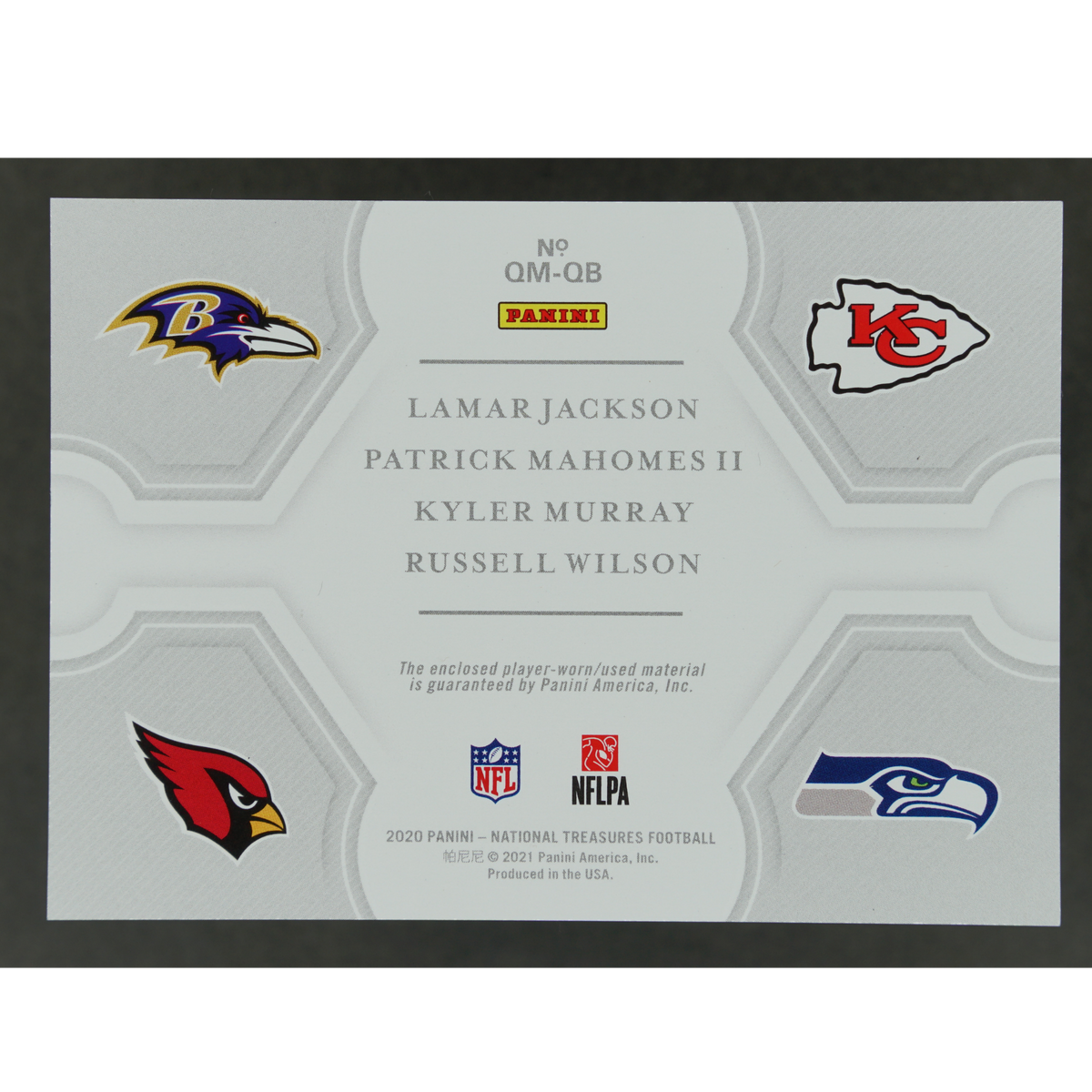 Lamar Jackson, Patrick Mahomes, Kyler Murray, Russell Wilson 2020 National Treasures NFL Gear 74/99 #QM-QB