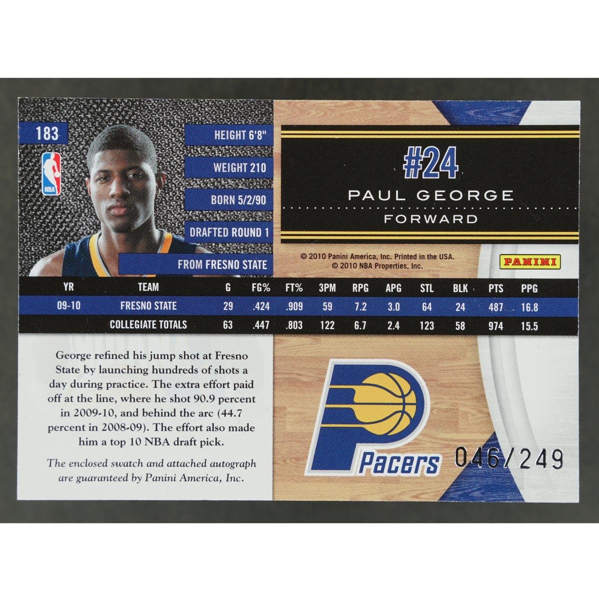 Paul George 2010 Limited Phenoms Jersey Auto 46/249 #183