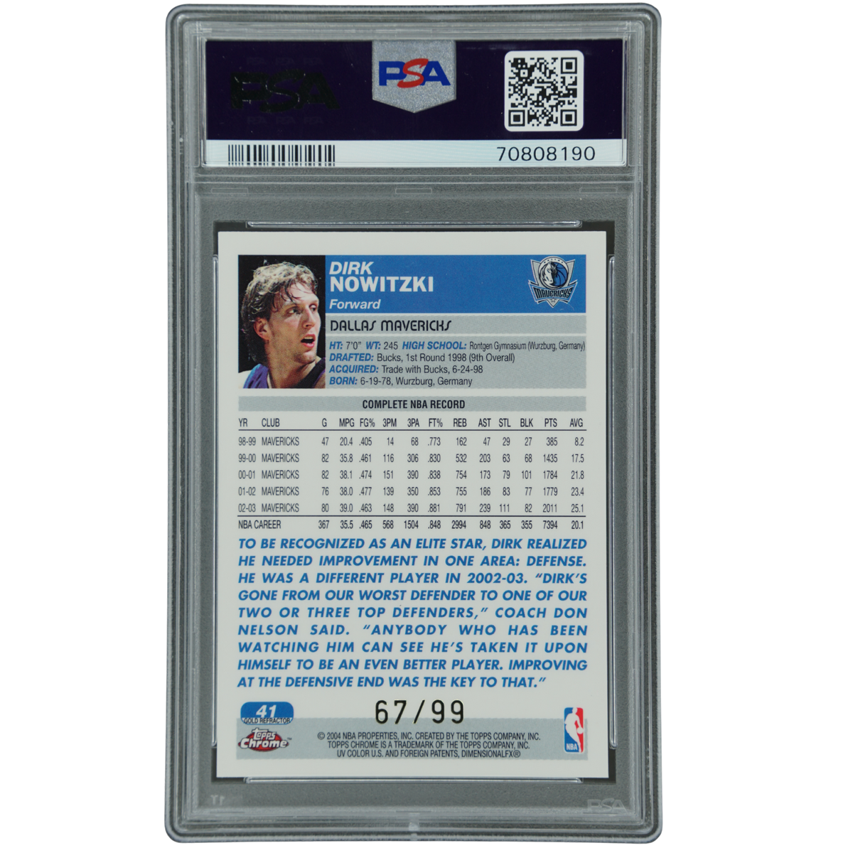Dirk Nowitzki 2003 Chrome Gold Refractor 67/99 PSA 8 #41