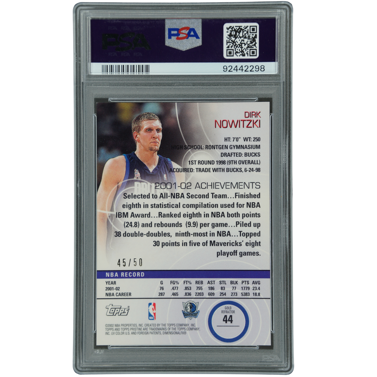 Dirk Nowitzki 2002 Pristine Uncirculated Gold Refractor 45/50 PSA 9 #44