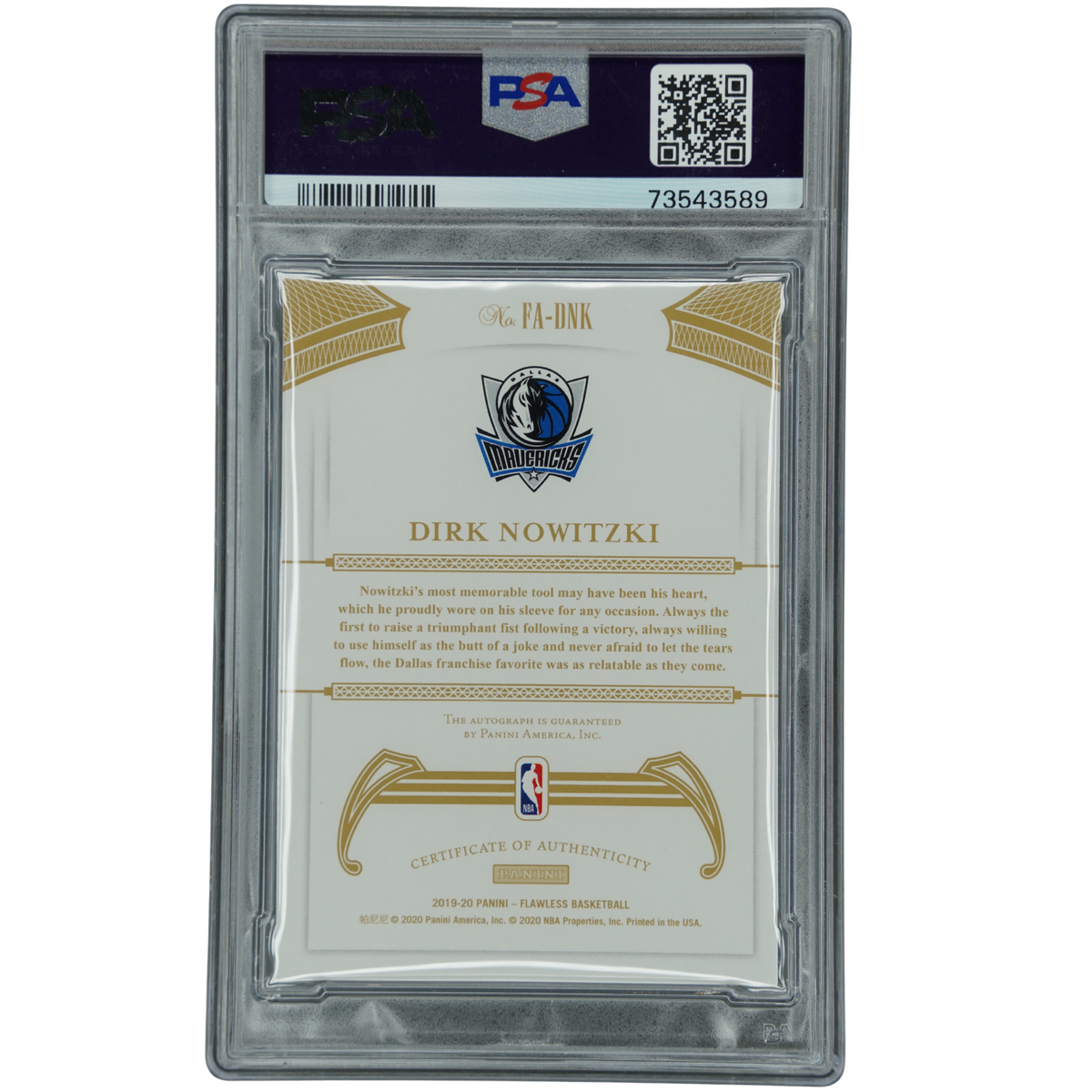 Dirk Nowitzki 2019 Flawless Auto Gold 4/10 PSA 9 #FA-DNK