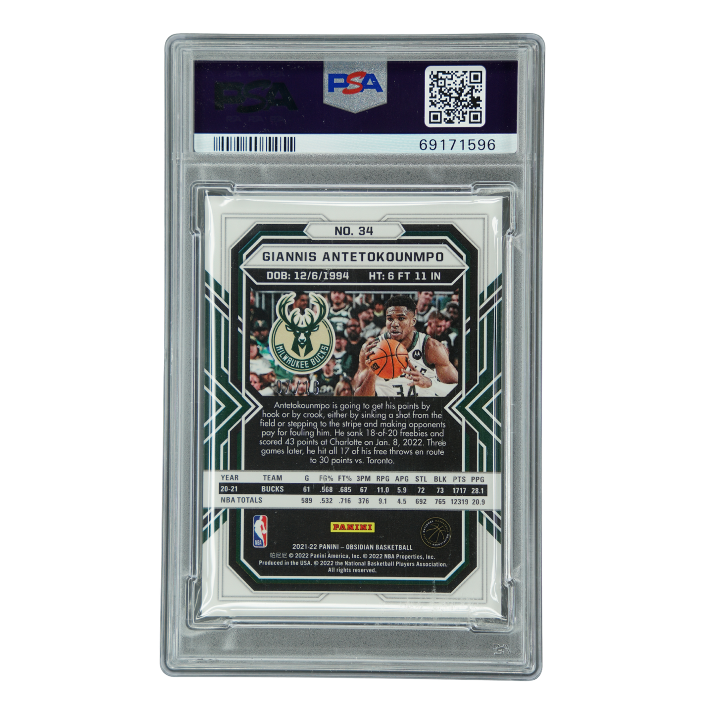 Giannis Antetokounmpo 2021 Obsidian Electric Etch Blue 7/16 PSA 9 #34