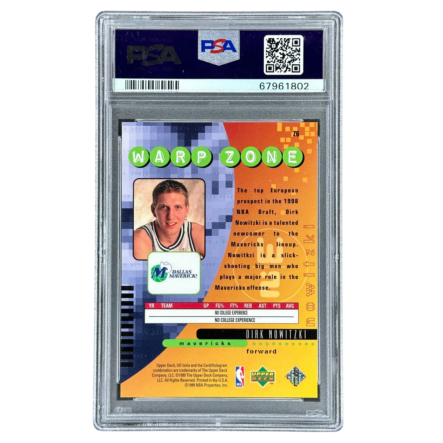 Dirk Nowitzki 1998 Upper Deck Ionix Warp Zone PSA 9 #Z6