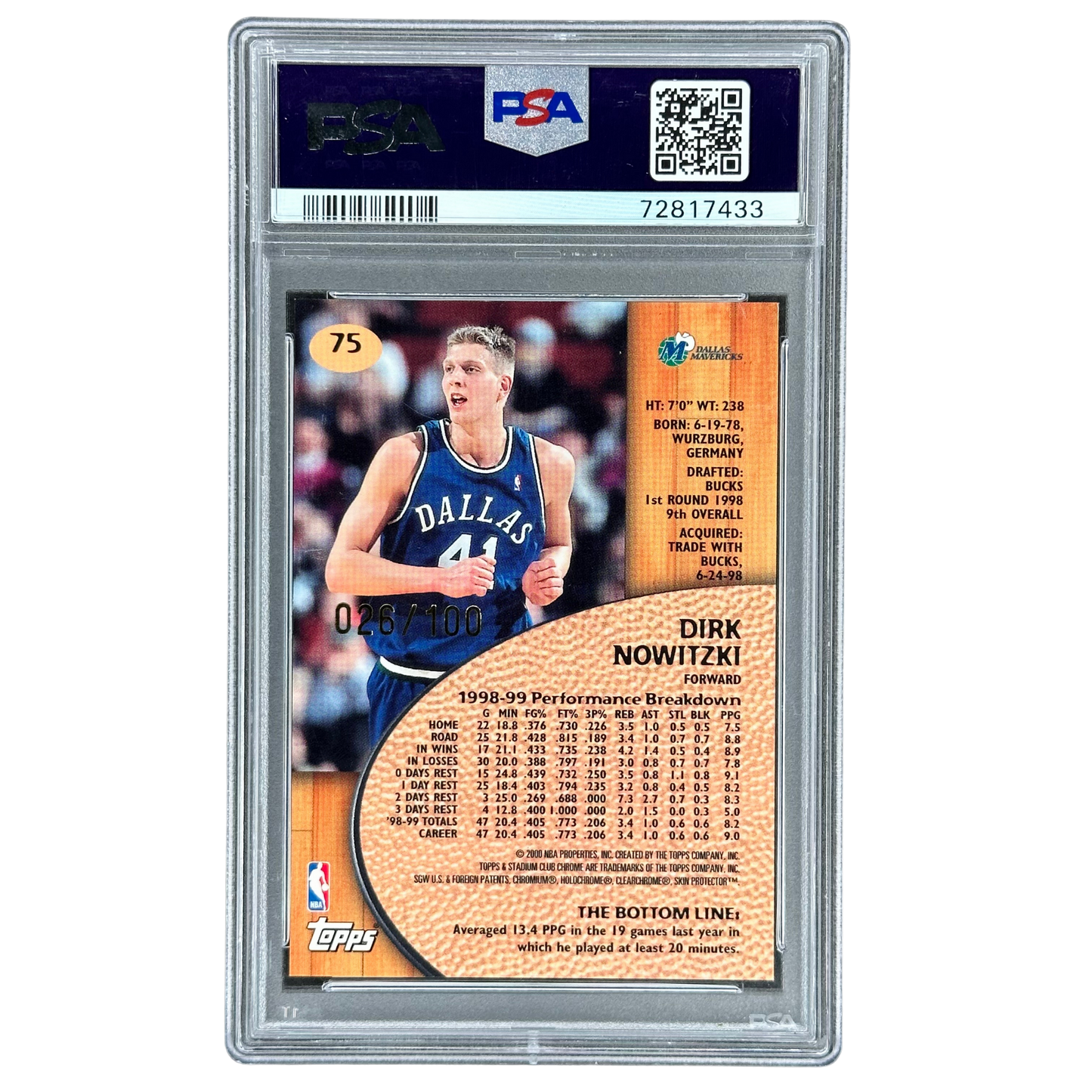 Dirk Nowitzki 1999 Stadium Club Chrome 1st Day Issue 26/100 PSA 9 #75