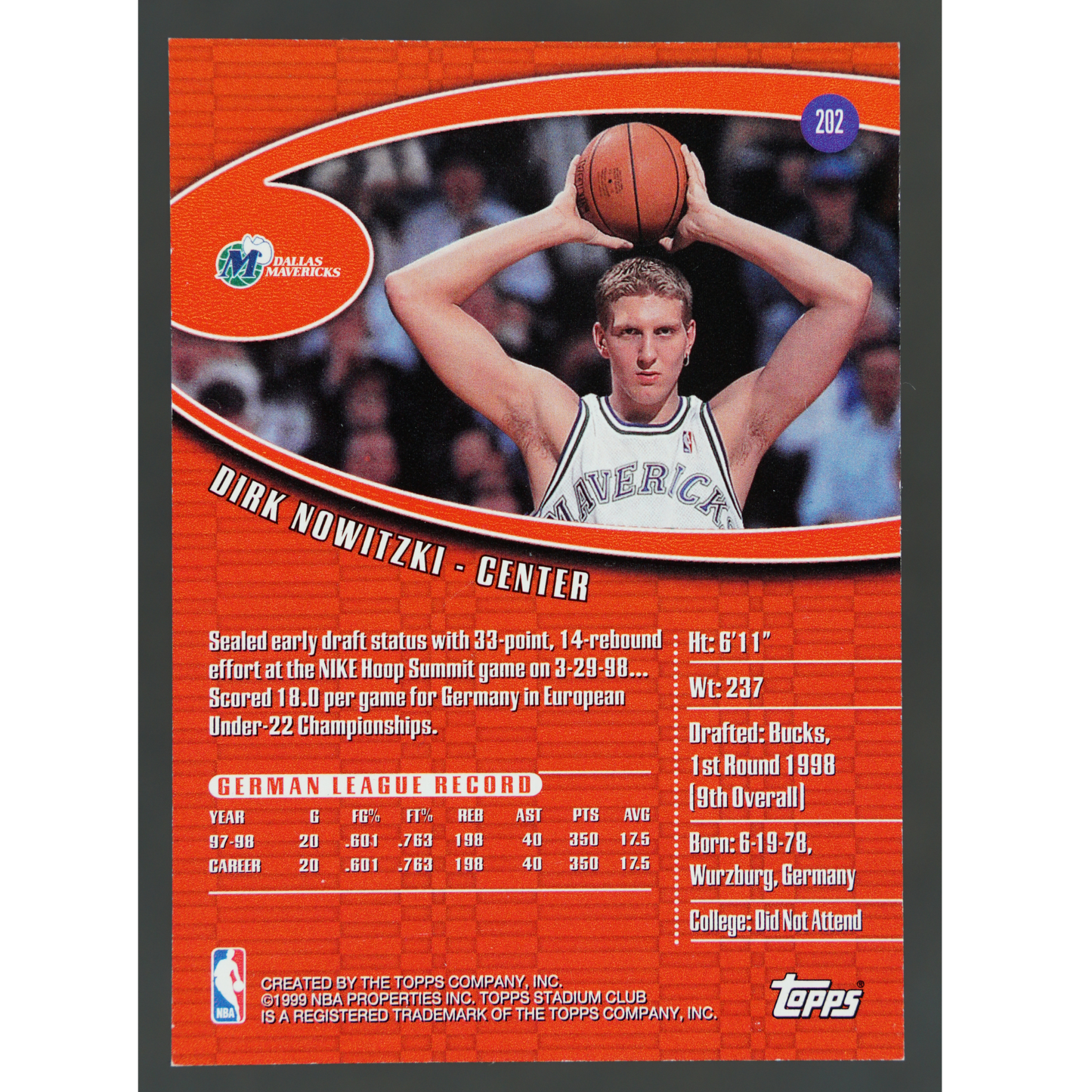Dirk Nowitzki 1998-99 Stadium Club RC First Day Issue #202