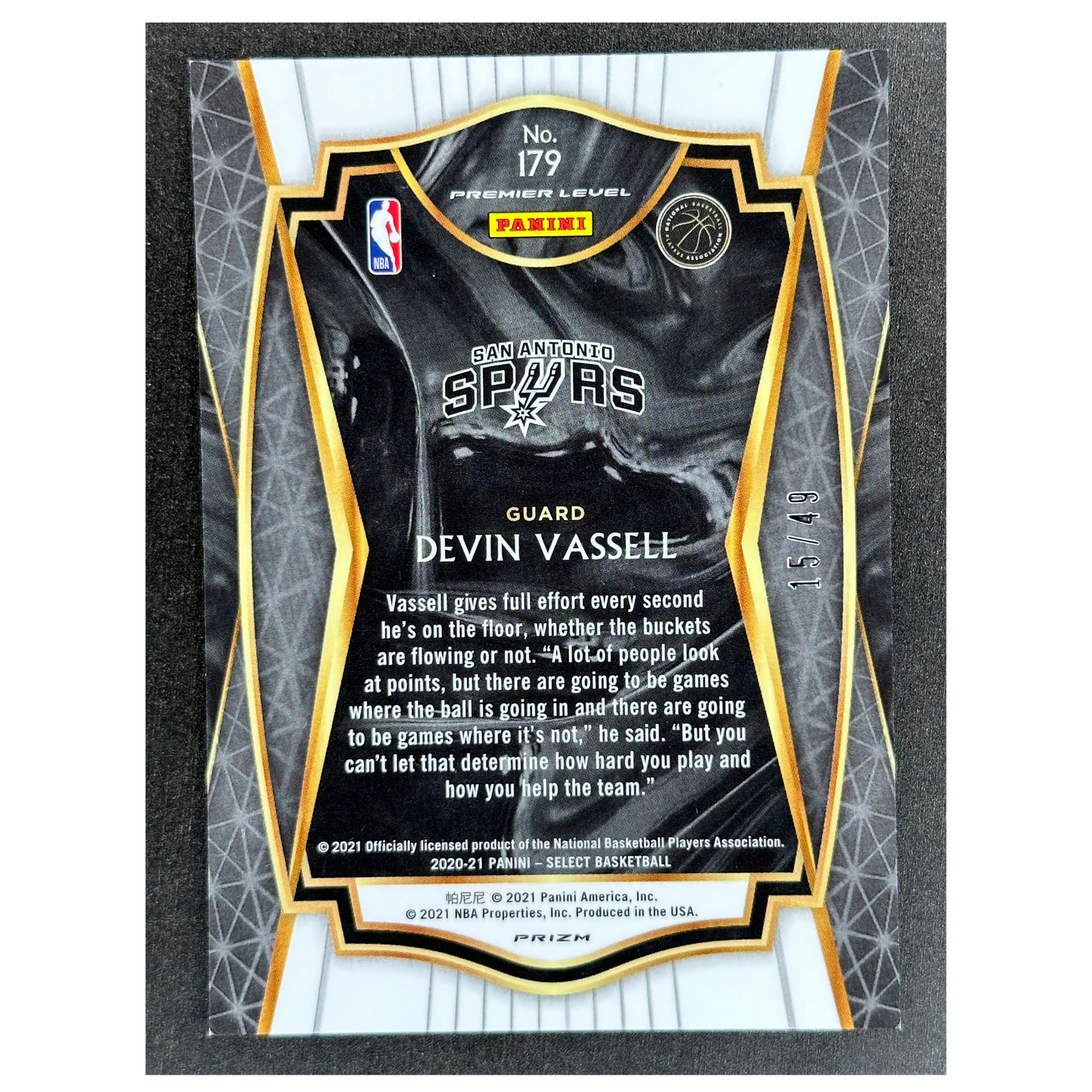 Devin Vassell 2020 Select 15/49 RC Rookie Card #179