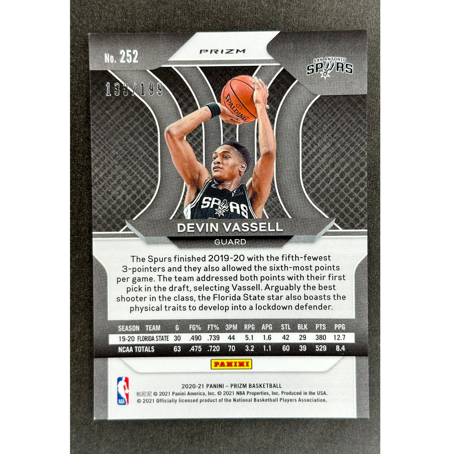 Devin Vassell 2020 Prizm Blue RC Rookie Card 133/199 #252