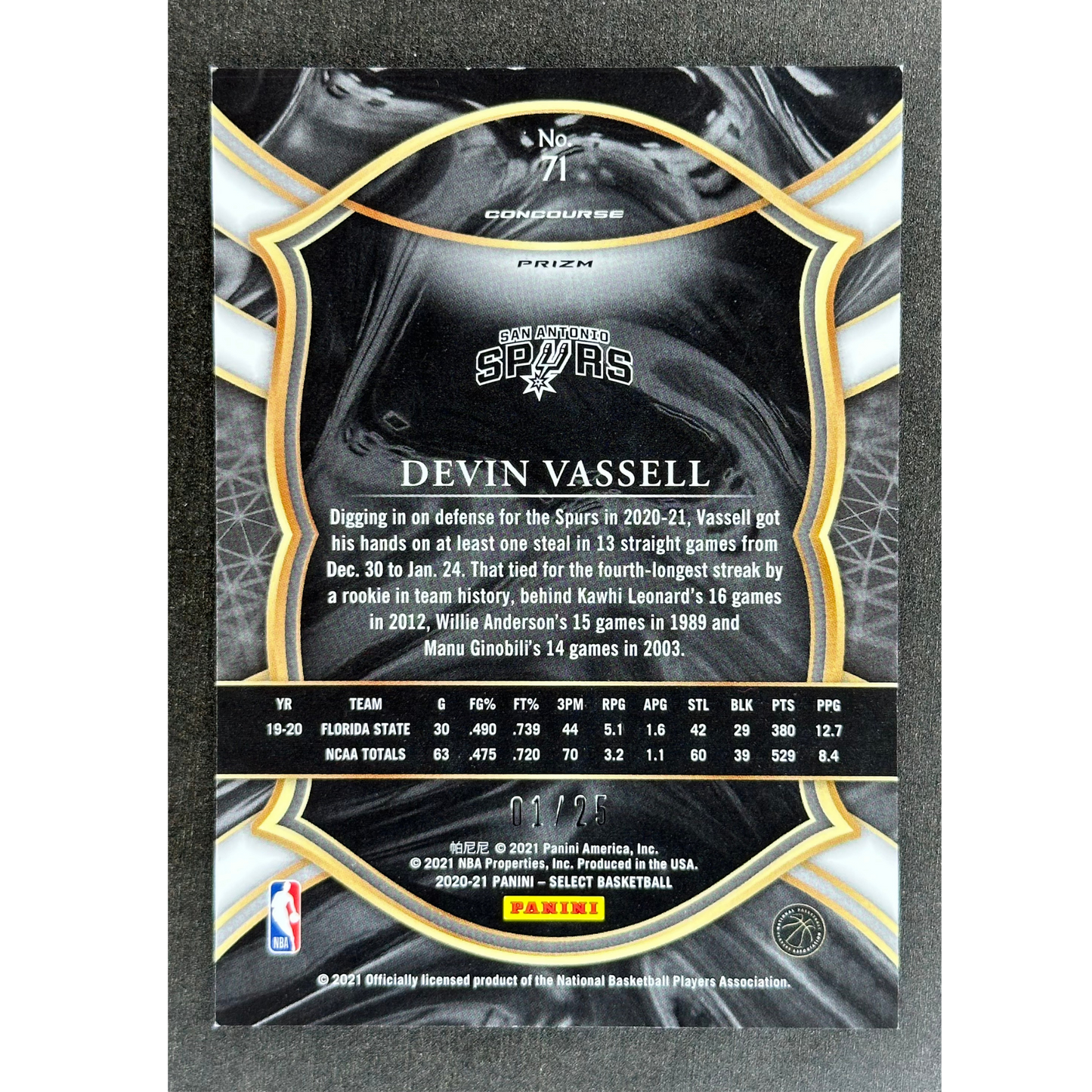 Devin Vassell 2020 Select RC Rookie Card 1/25 #71