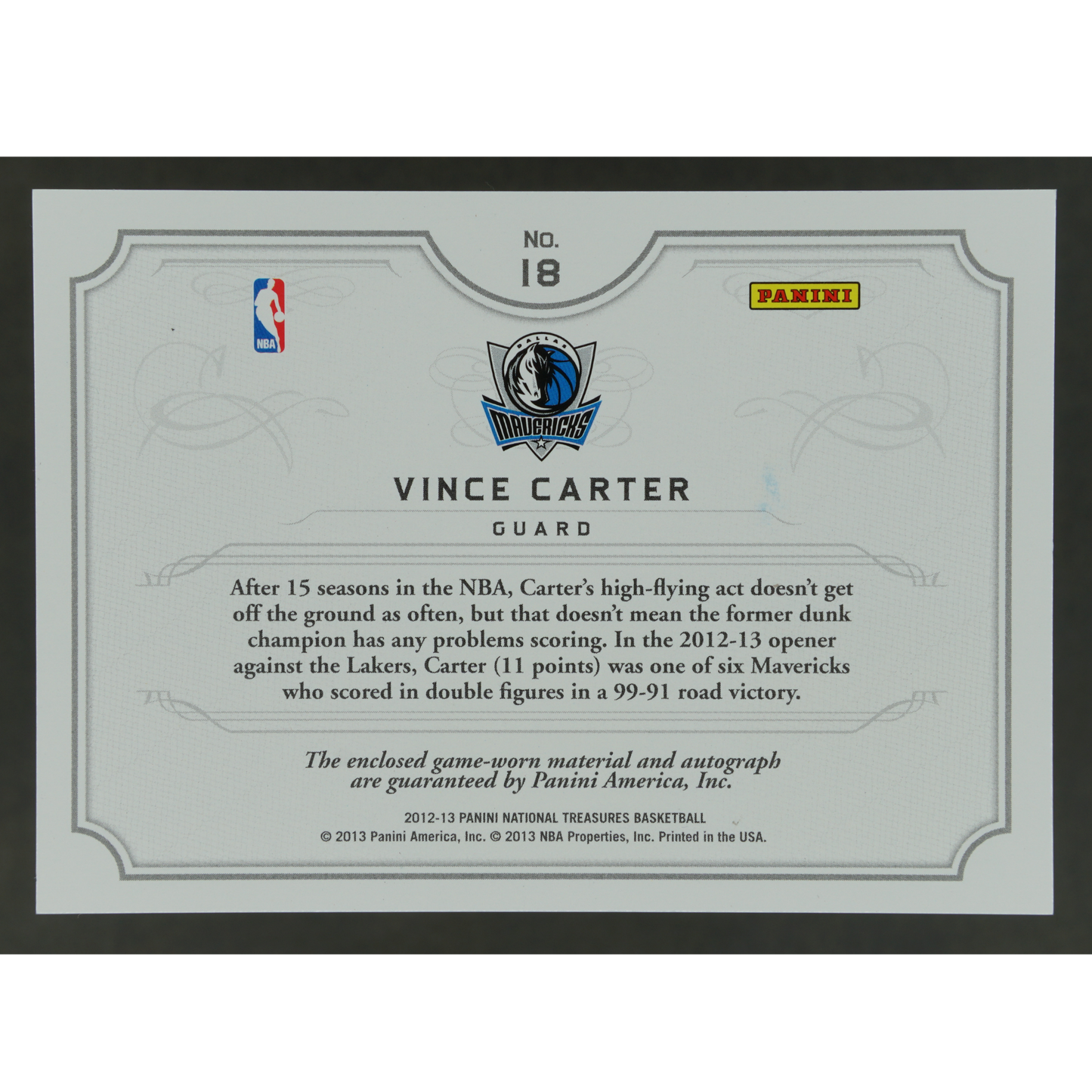 Vince Carter 2012 National Treasures NBA Gear Jersey Auto 10/25 #18