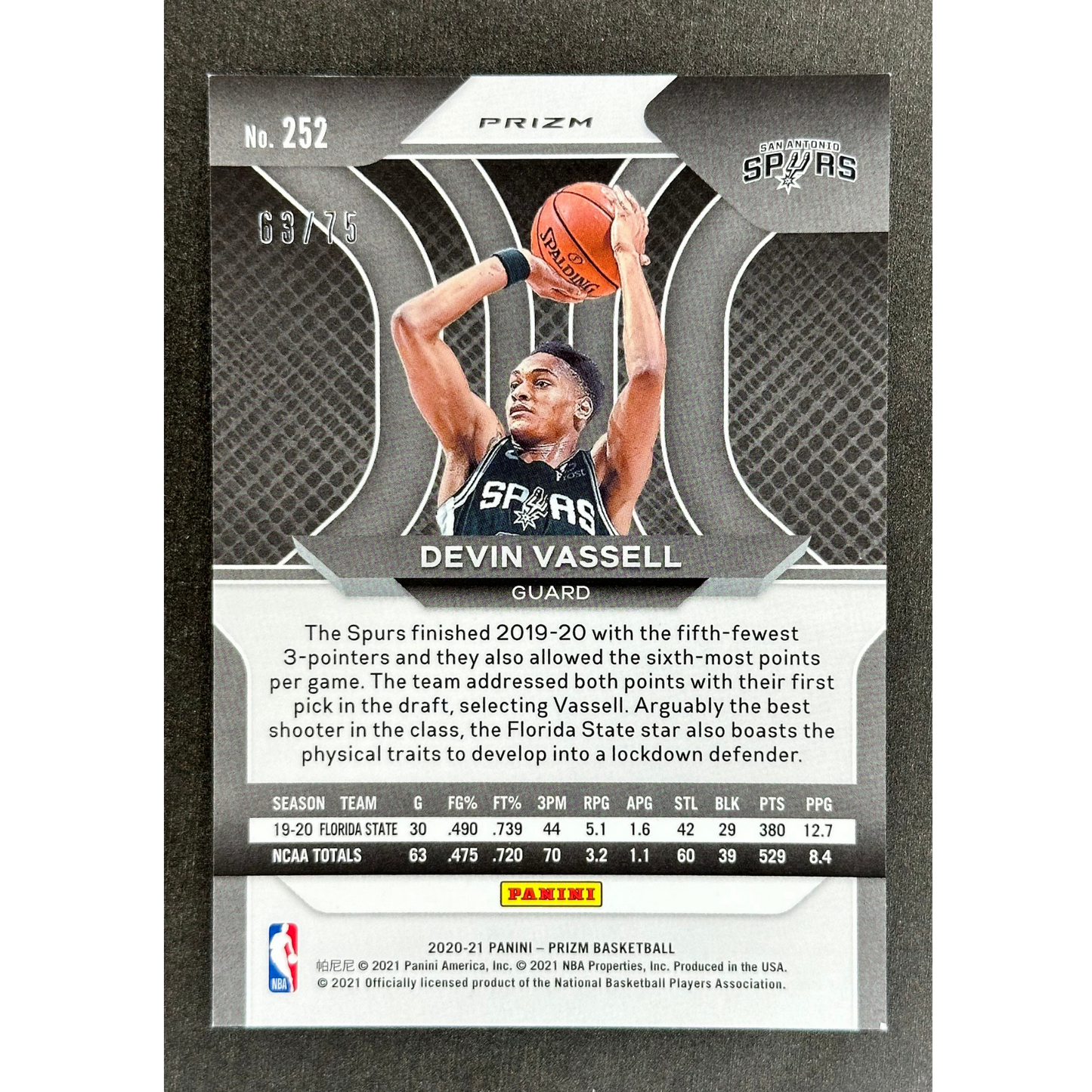 Devin Vassell 2020 Prizm Purple Fast Break Rookie Card (RC) 63/75 #252