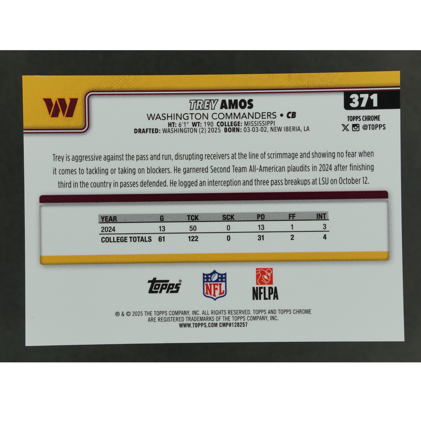 Trey Amos 2025 Chrome RC 3/50 #371