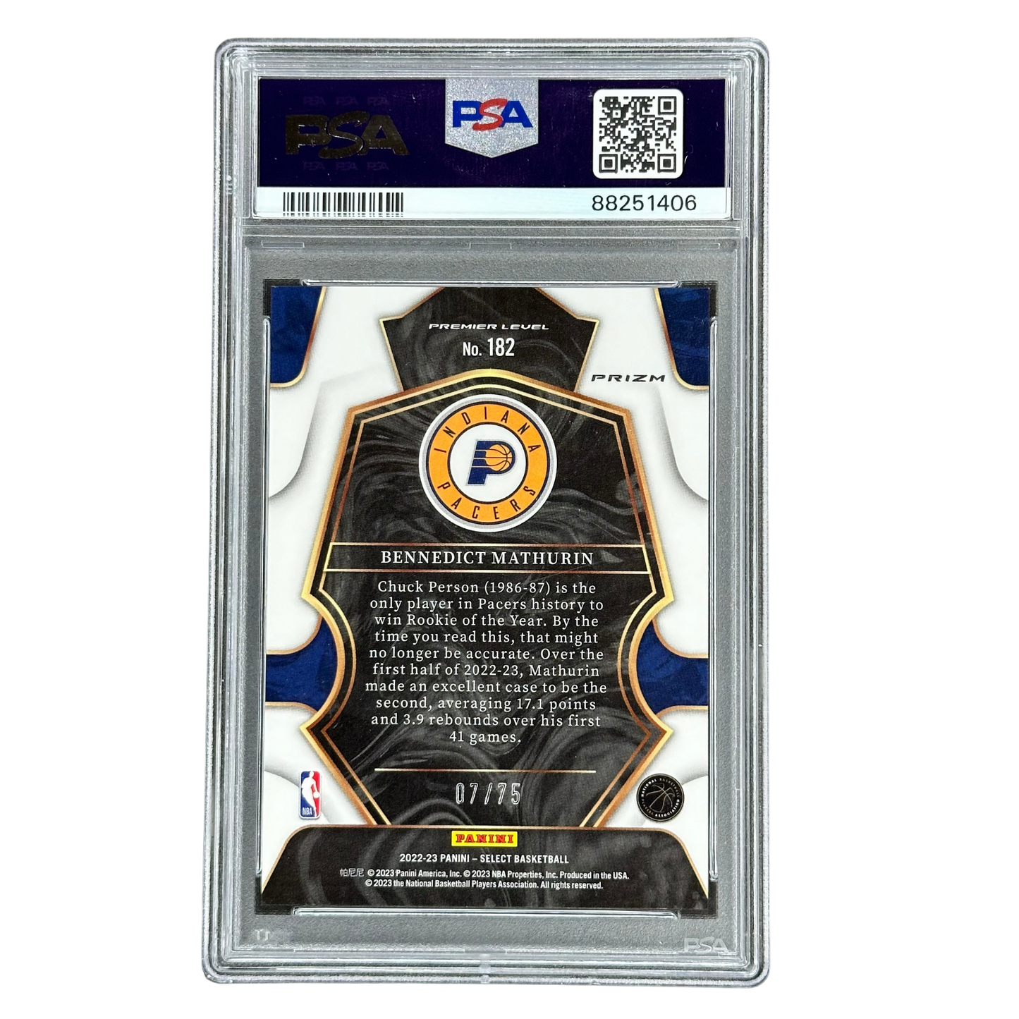 Bennedict Mathurin 2022 Select RC Rookie Card White Disco 7/75 PSA 10 #182