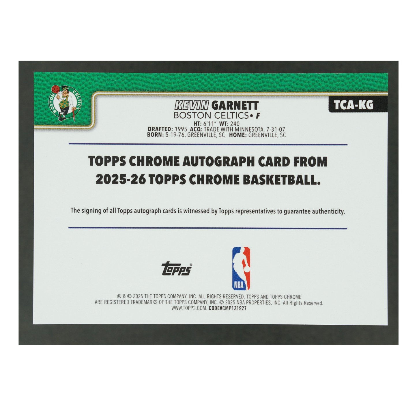 Kevin Garnett 2025 Chrome Purple Auto 17/75 #TCA-KG
