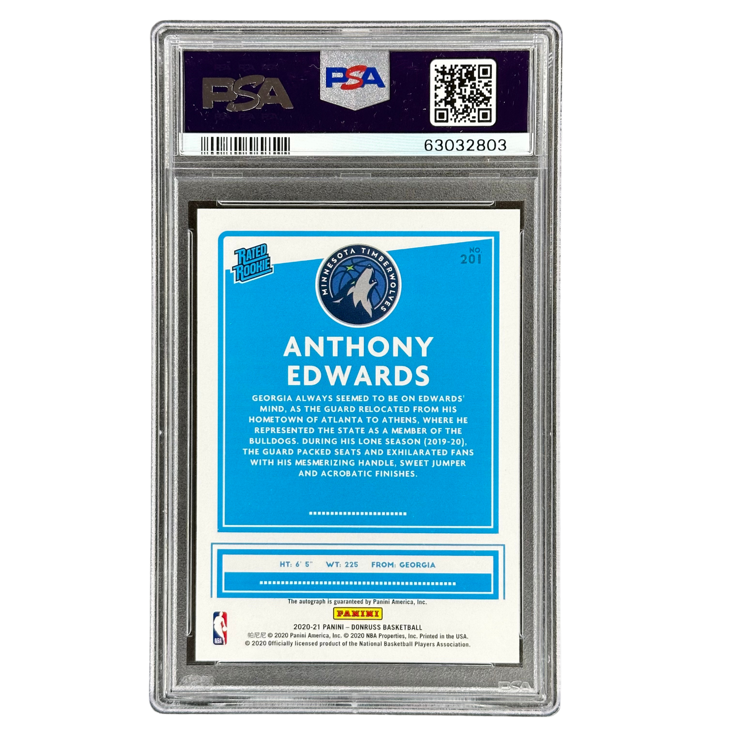 Anthony Edwards 2020 Donruss Rated Rookie Auto 94/99 PSA 9 #201