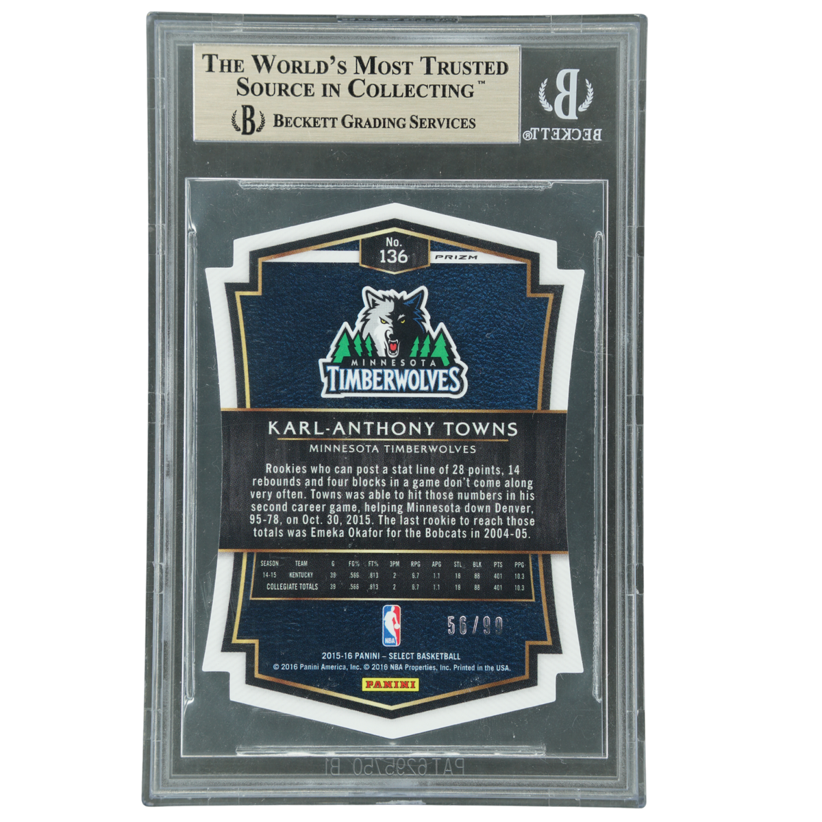 Karl-Anthony Towns 2015-16 Select RC Die-Cut BGS 9.5 #136