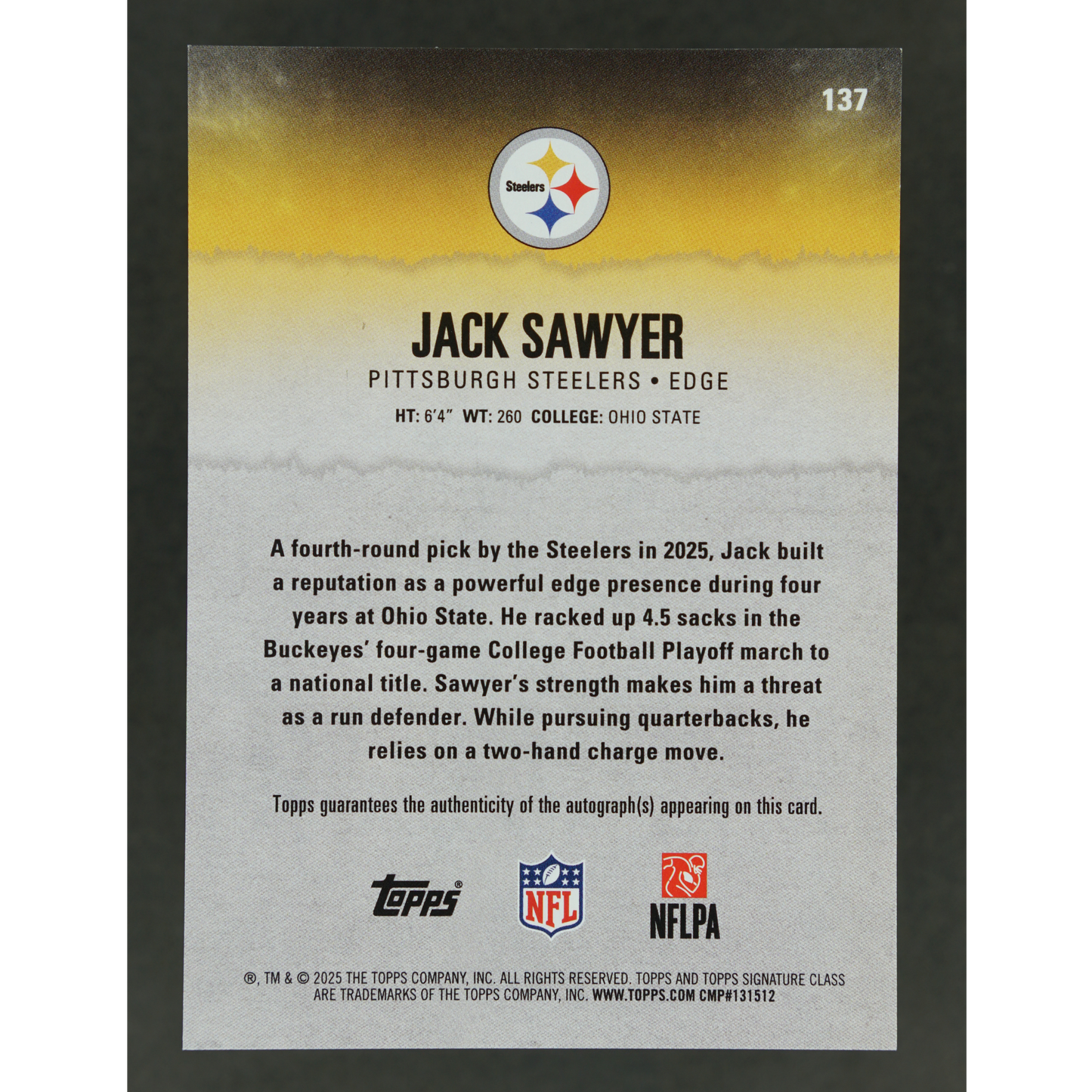 Jack Sawyer 2025 Topps Signature Class RC Auto 23/275 #137