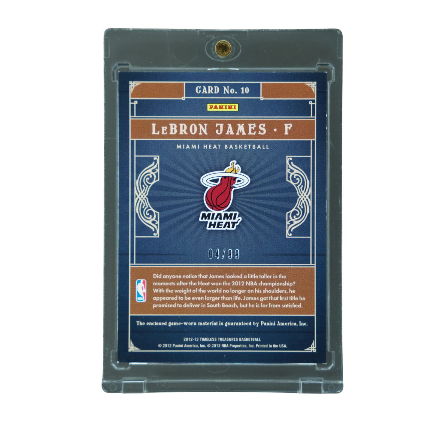 Lebron James 2012 Timeless Treasures Treasures Threads Jersey 4/99 #10
