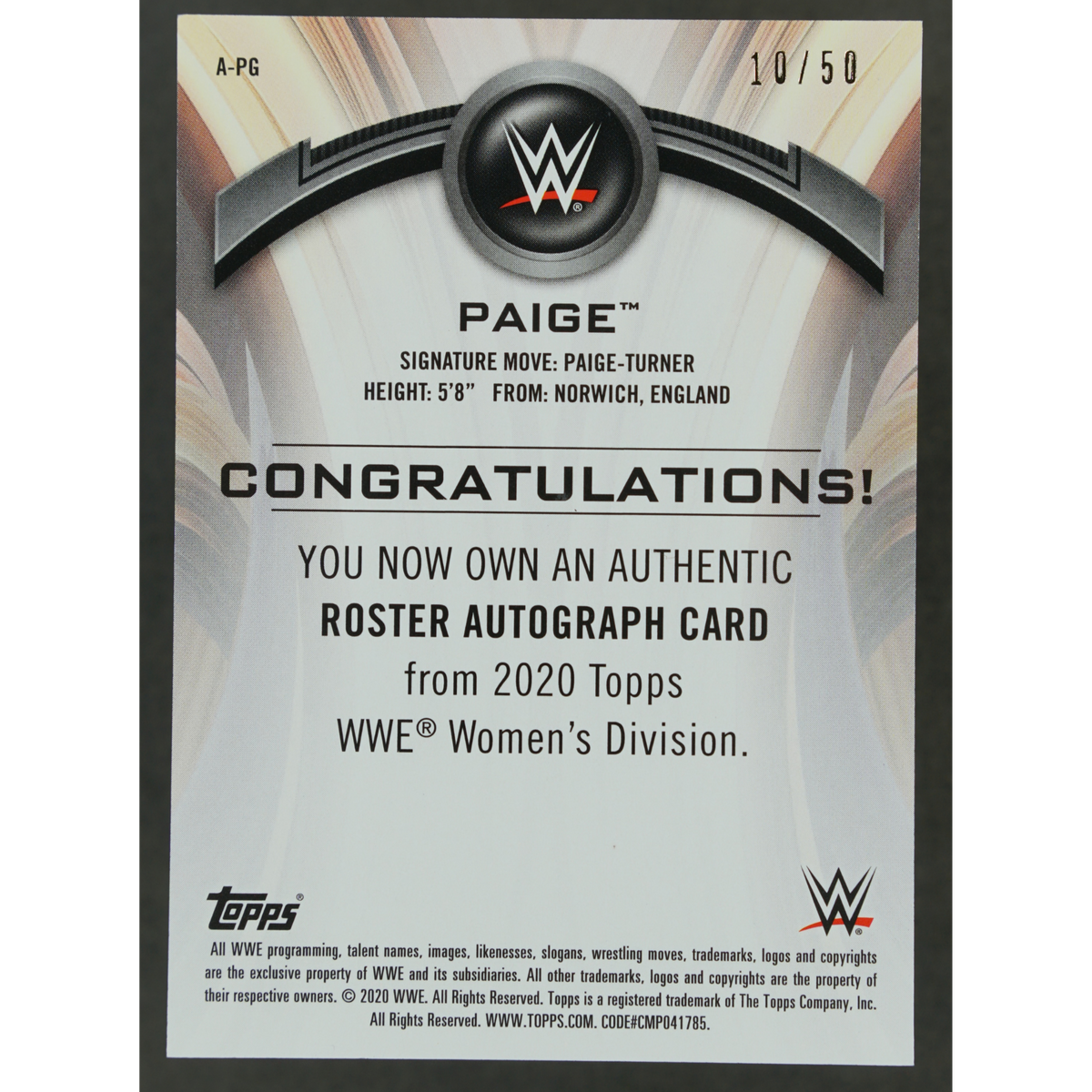 Paige 2020 Topps Womens Division Auto 10/50 #A-PG