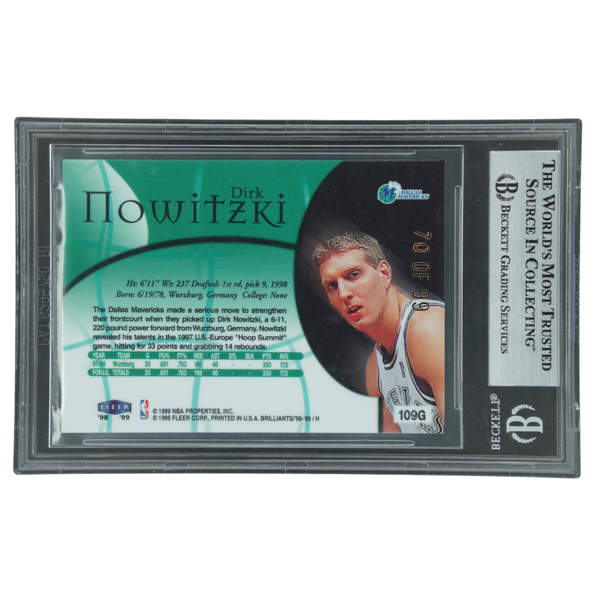 Dirk Nowitzki 1998-99 Fleer Brilliants RC Rookie Gold 70/99 BGS 8.5 #109