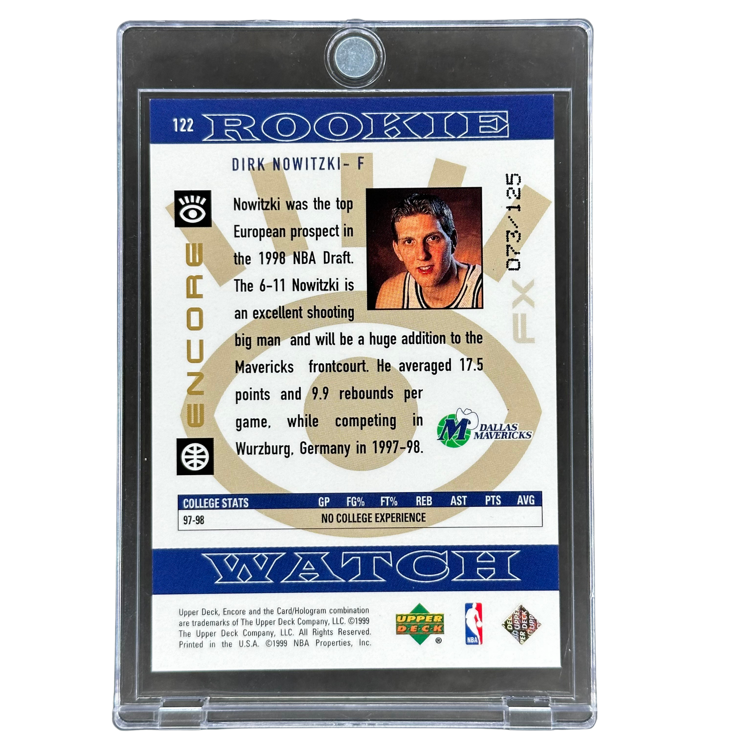 Dirk Nowitzki 1999 Upper Deck Rookie Encore 73/125 #122