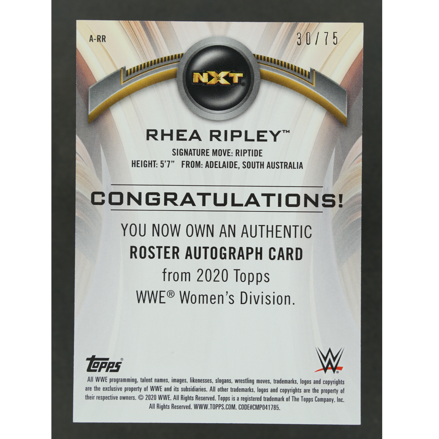 Rhea Ripley 2020 Topps RC Auto 30/75 #A-RR