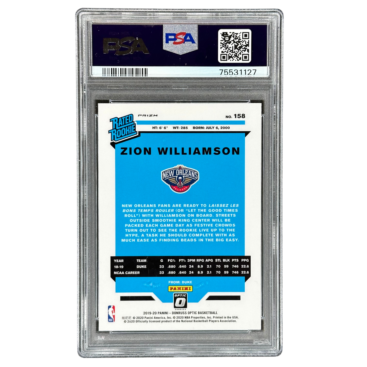 Zion Williamson 2019 Optic Fanatics Green Wave RC Rookie Card PSA 9 #158