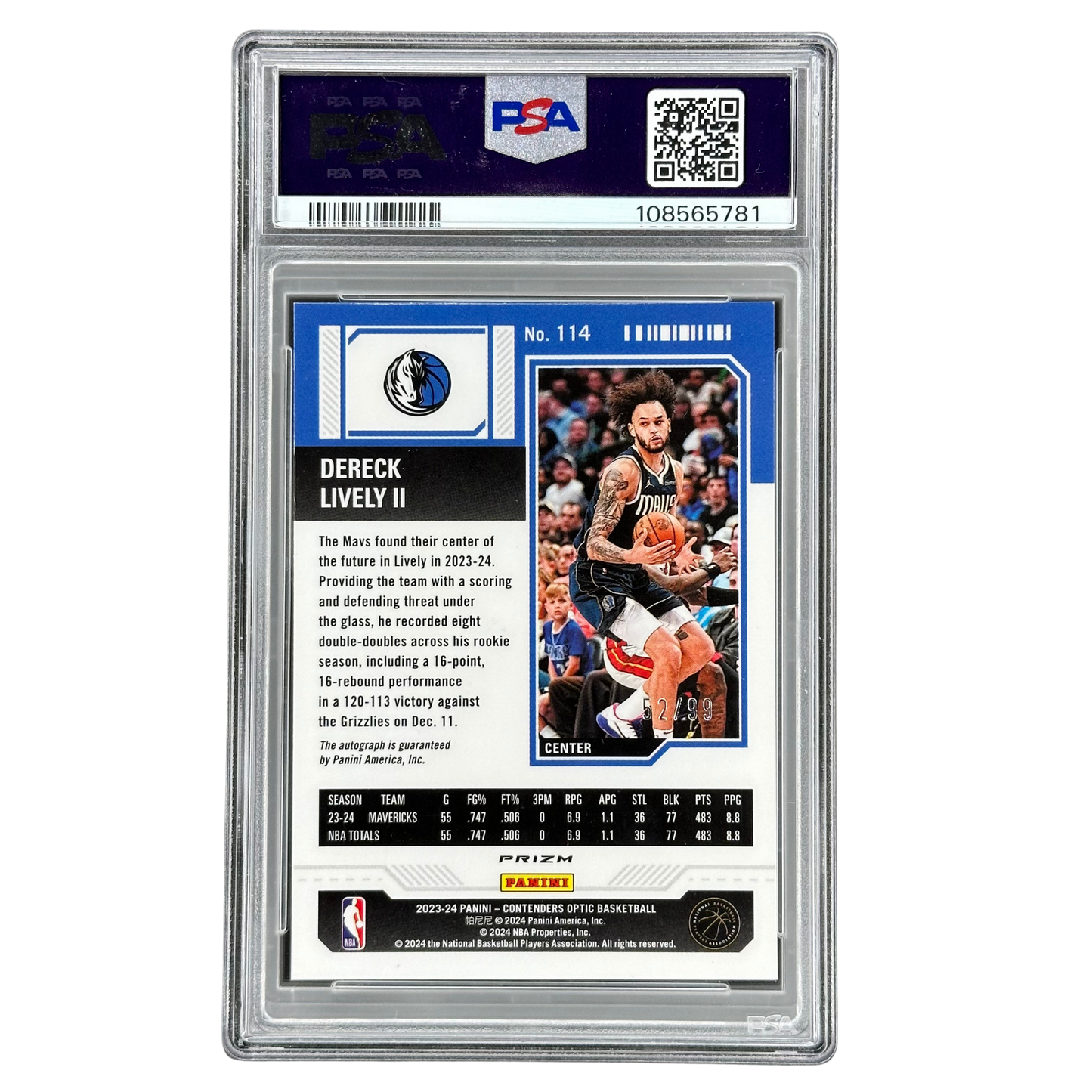 Dereck Lively II 2023 Contenders Optic Red Auto 52/99 RC Rookie Card PSA 8 #114