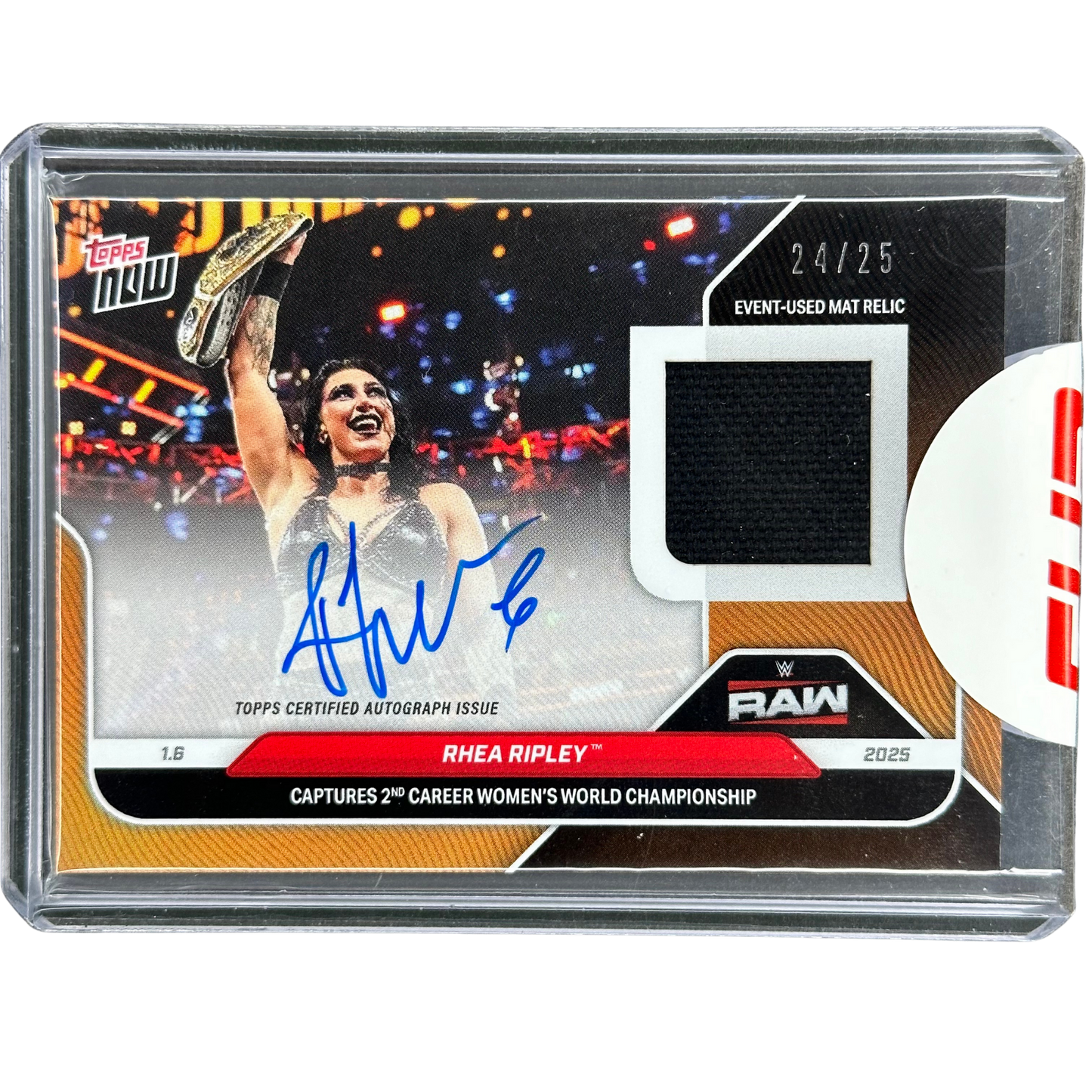 Rhea Ripley 2025 Topps Now "Captures 2nd Career Womens World Championship" Relic Auto 24/25 #5A