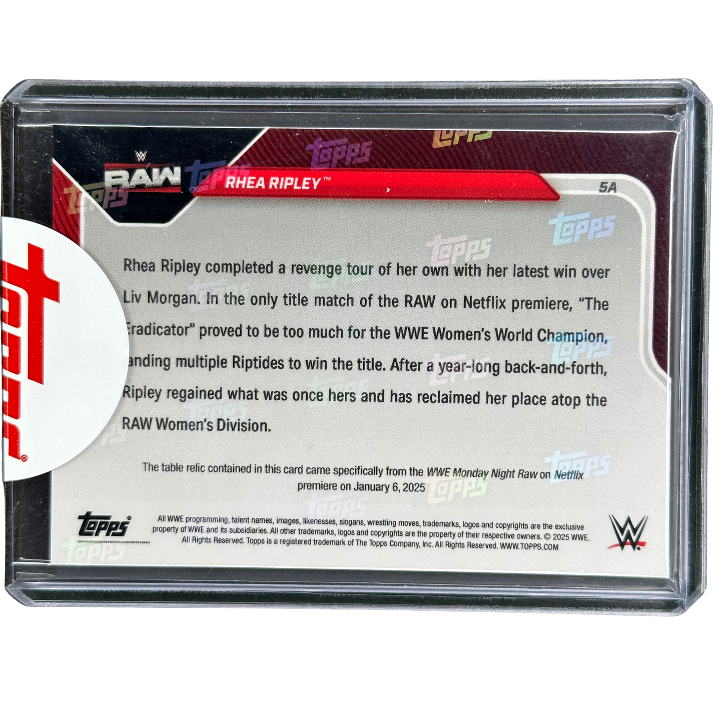 Rhea Ripley 2025 Topps Now "Captures 2nd Career Womens World Championship" Relic Auto 24/25 #5A