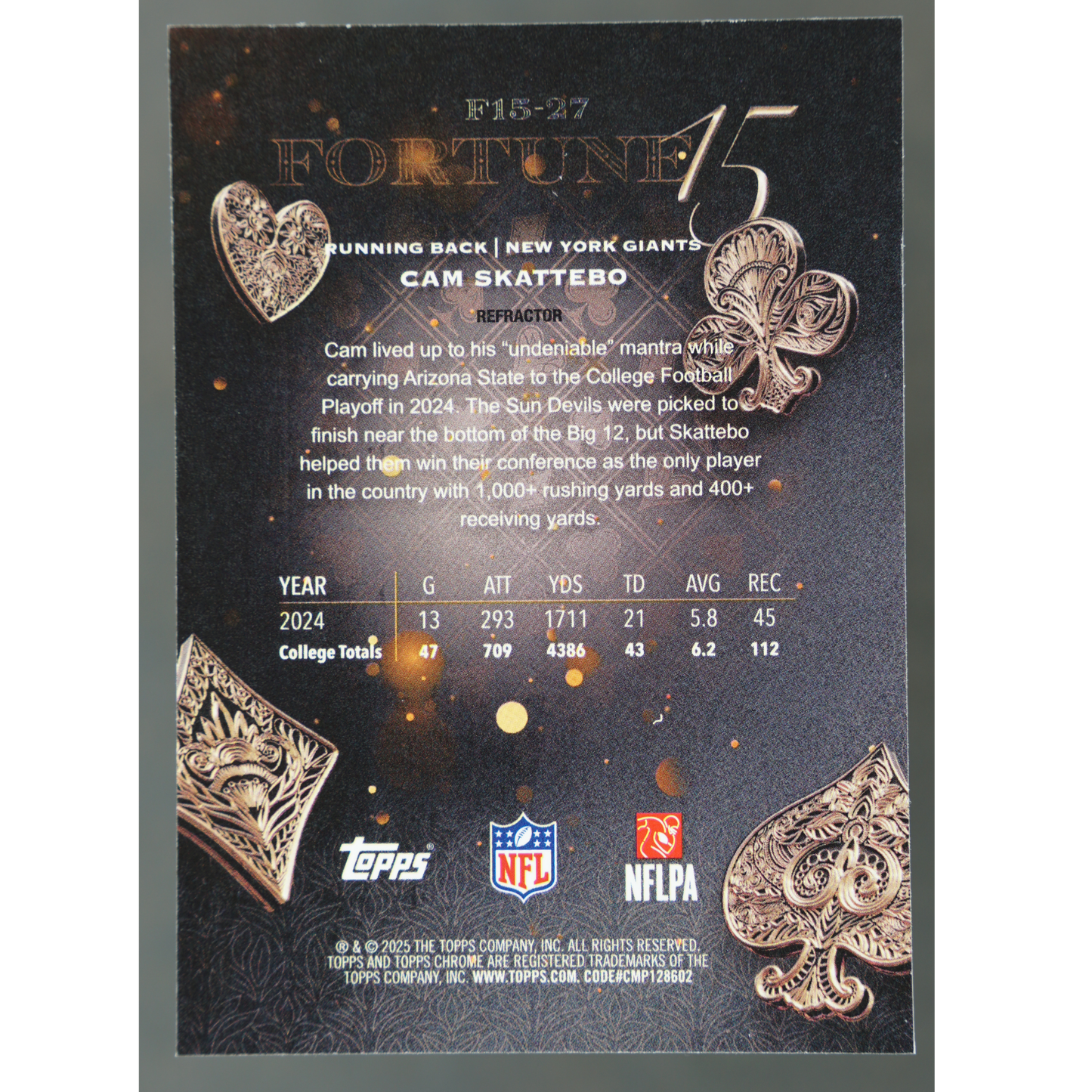 Cam Skattebo 2025 Chrome Fortune 15 RC Refractor #F15-27