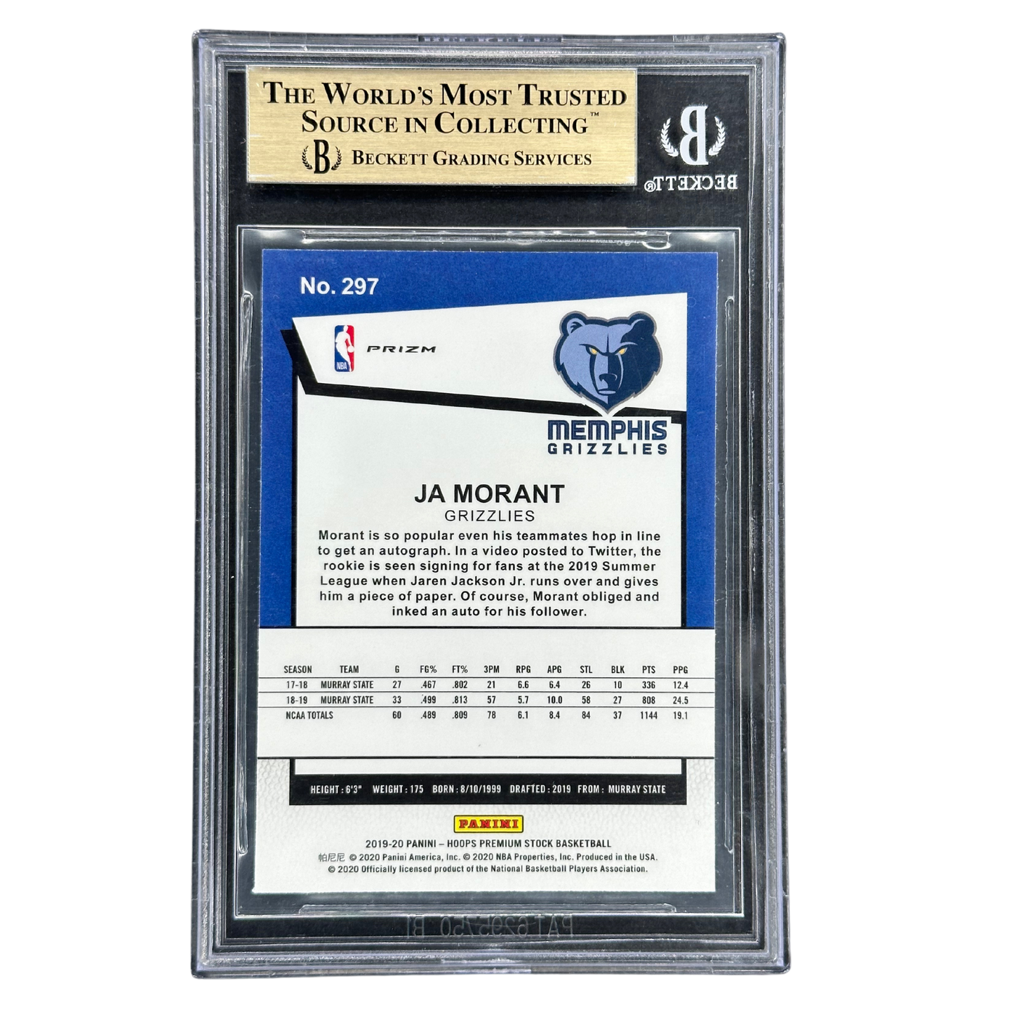 Ja Morant 2019 Hoops Premium Stock Gold Pulsar Tribute RC Rookie Card BGS 9.5 #297