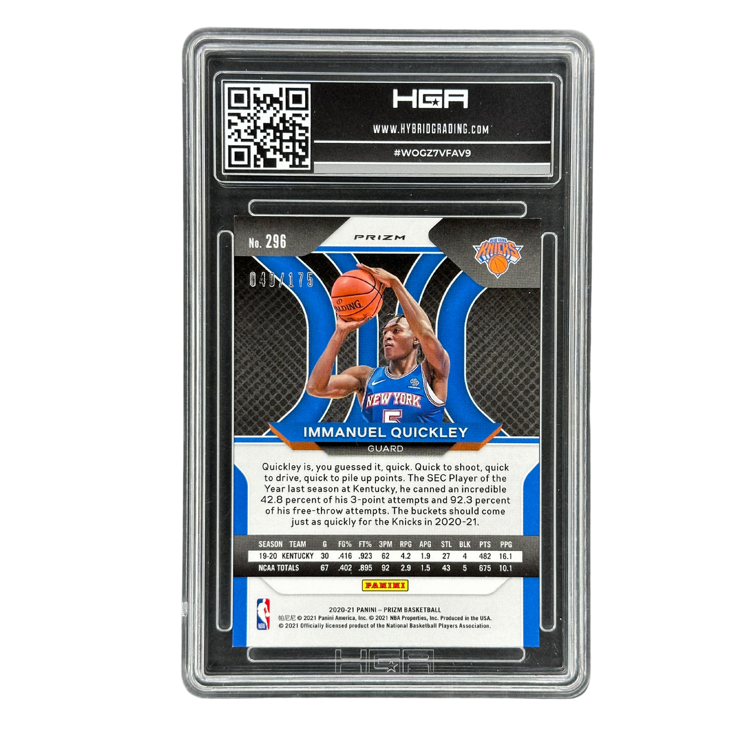 Immanuel Quickley 2020-21 Prizm Purple Ice 40/175 RC Rookie Card HGA 9.5 #296