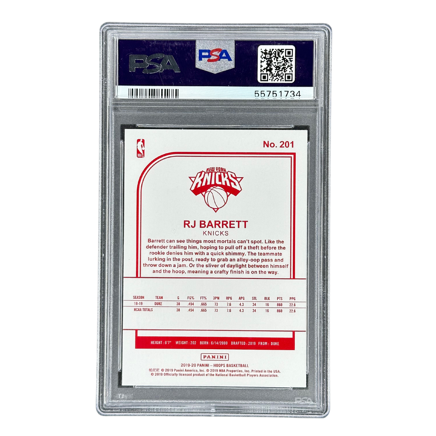 RJ Barrett 2019 Hoops Red Back RC Rookie Card PSA 10 #201