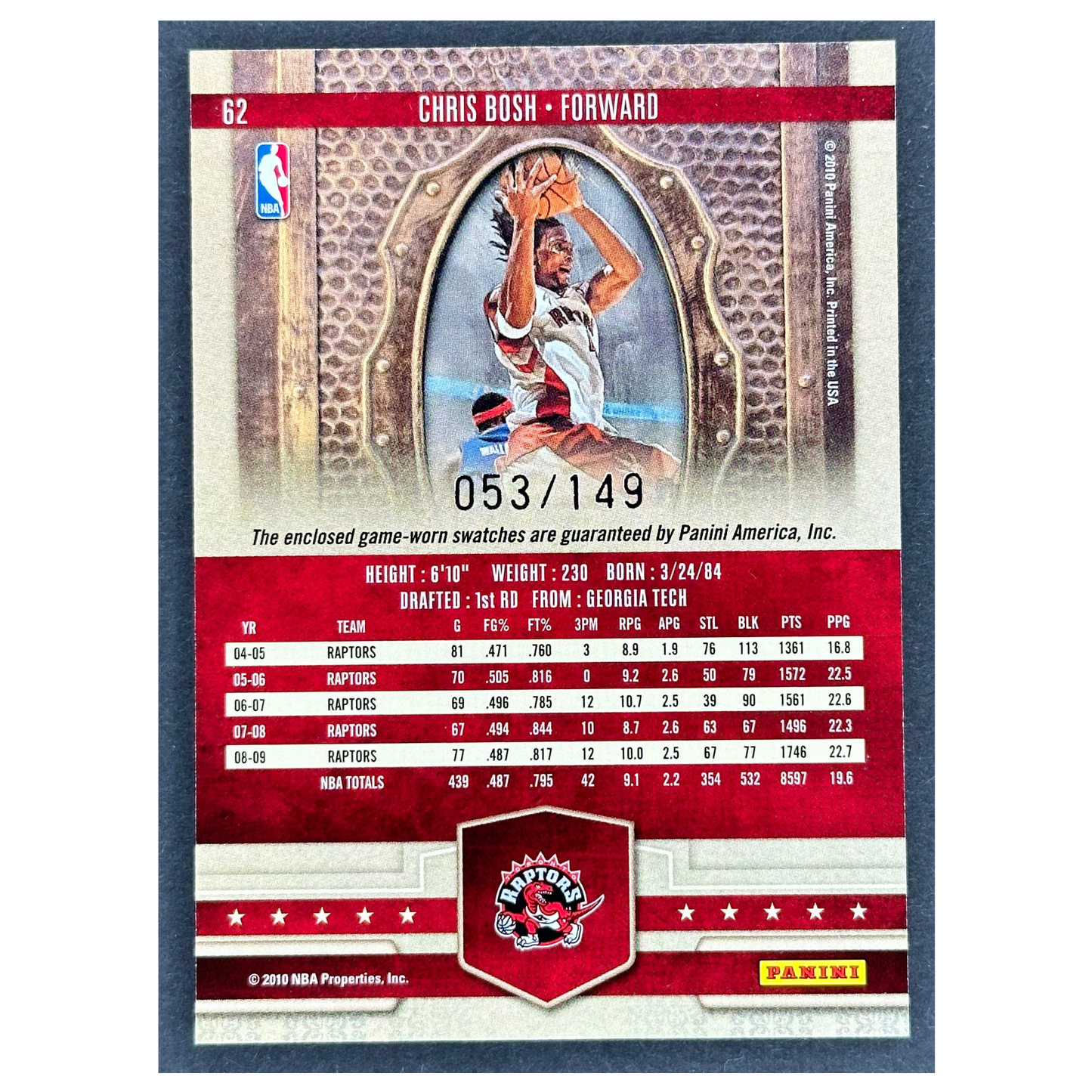 Chris Bosh 2010 Court Kings Dual Jersey Game Worn 53/149 #62