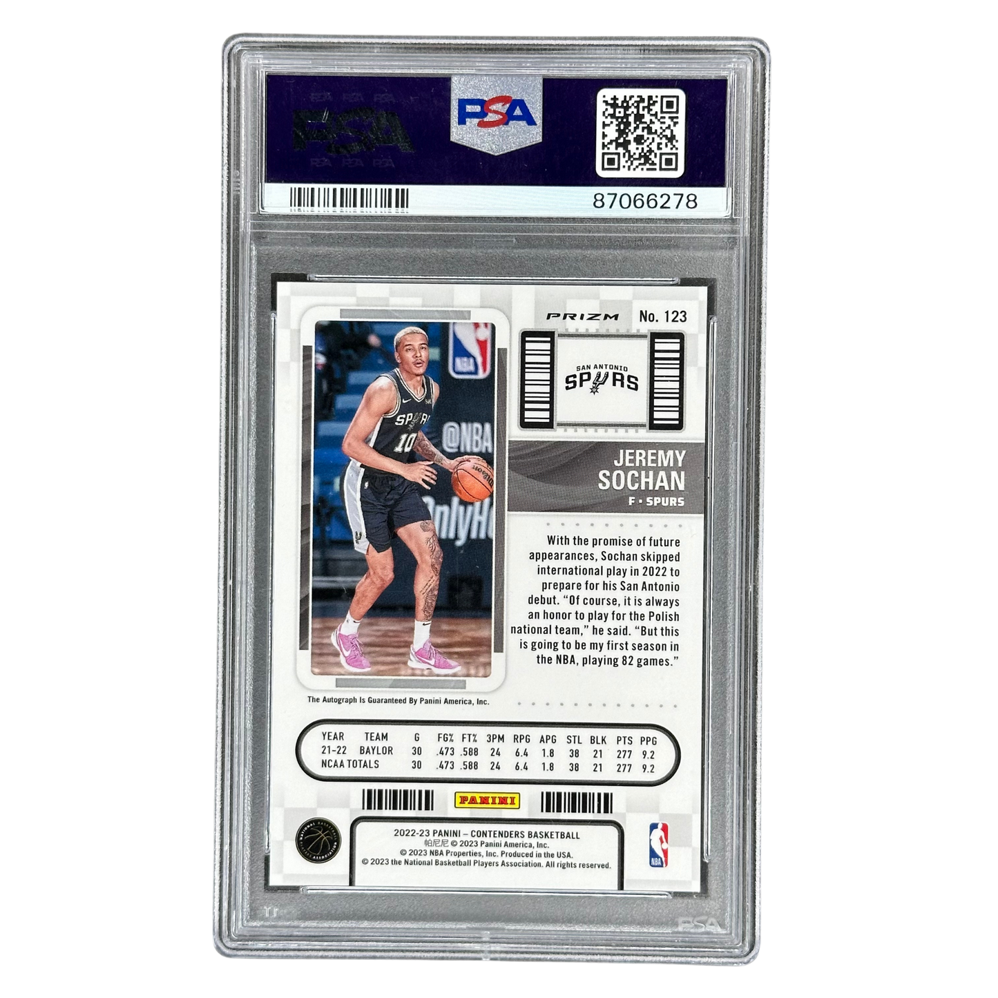 Jeremy Sochan 2022 Contenders Auto Premium Edition Rookie Ticket PSA 10 #123