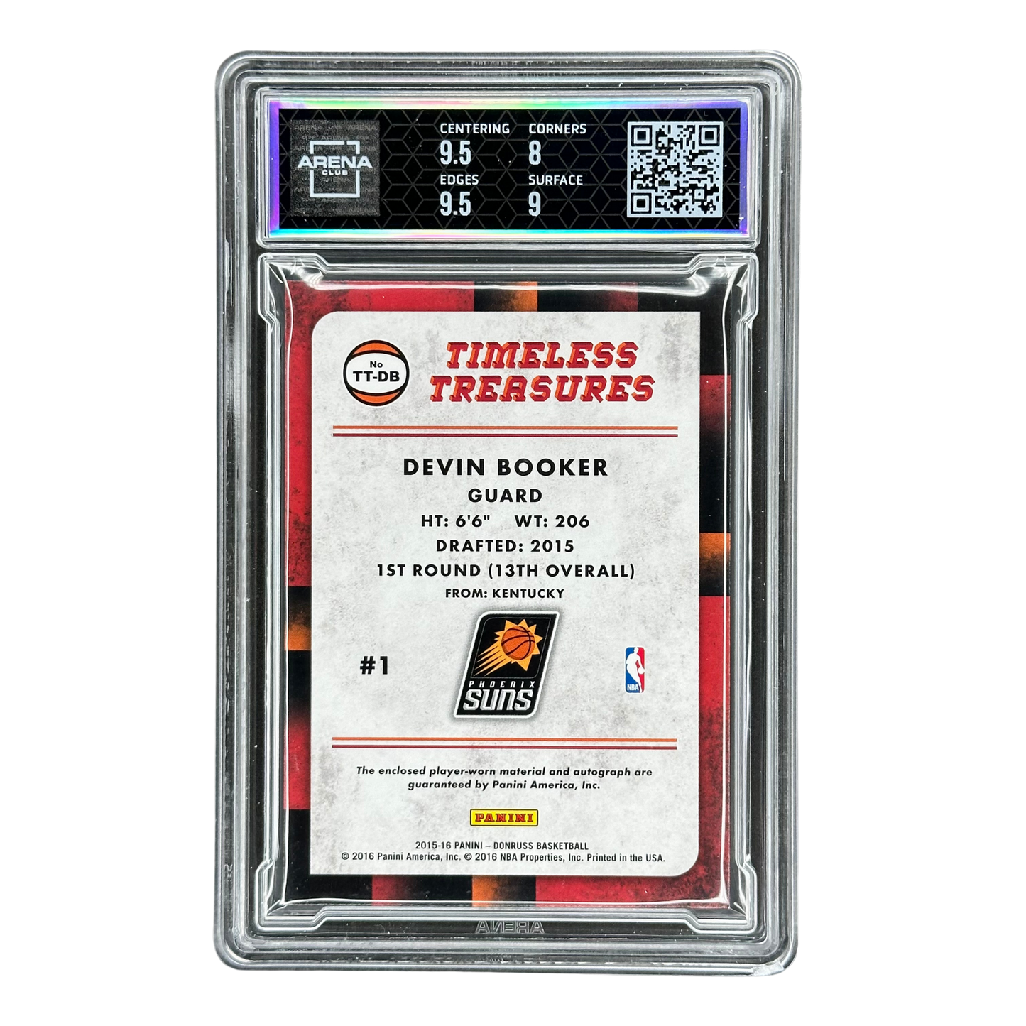 Devin Booker 2015 Donruss Timeless Treasures Jersey Auto RC Rookie Card 13/99 Arena Club 8.5 #TT-DB