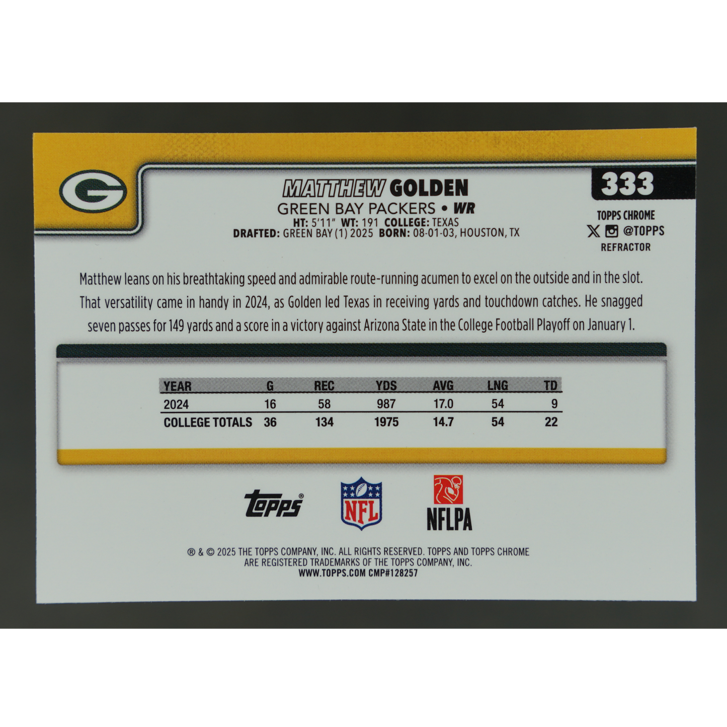 Matthew Golden 2025 Chrome RC Refractor #333