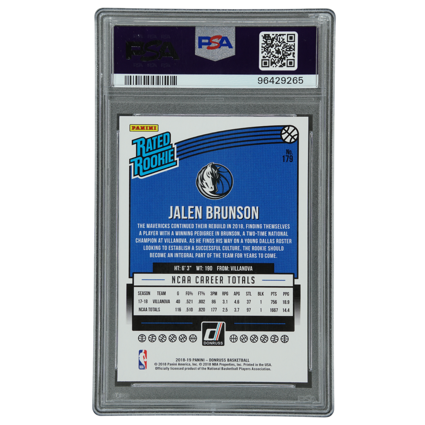 Jalen Brunson 2018 Donruss RC Rookie Card PSA 10 #179