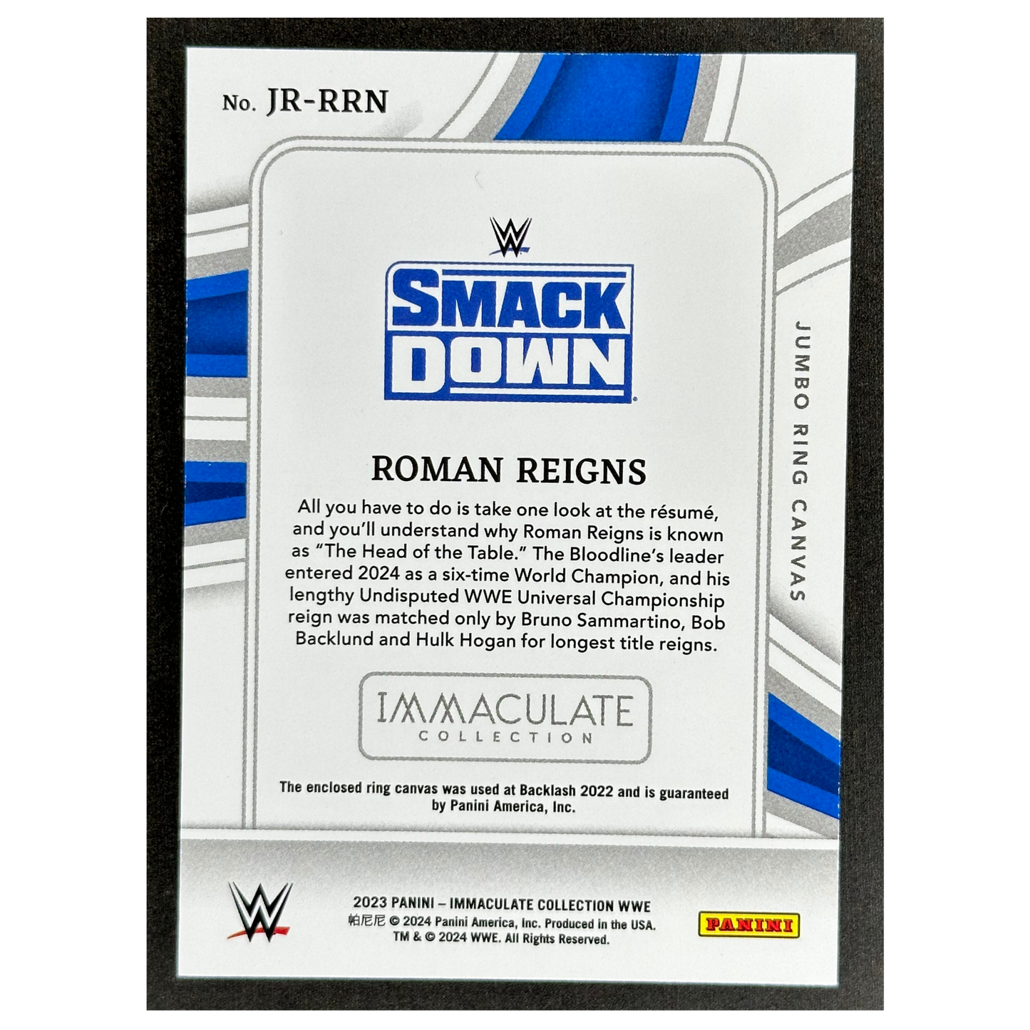 Roman Reigns 2023 Immaculate Jumbo Ring Canvas Memoribilia (Backlash 2022) 49/99 #JR-RRN