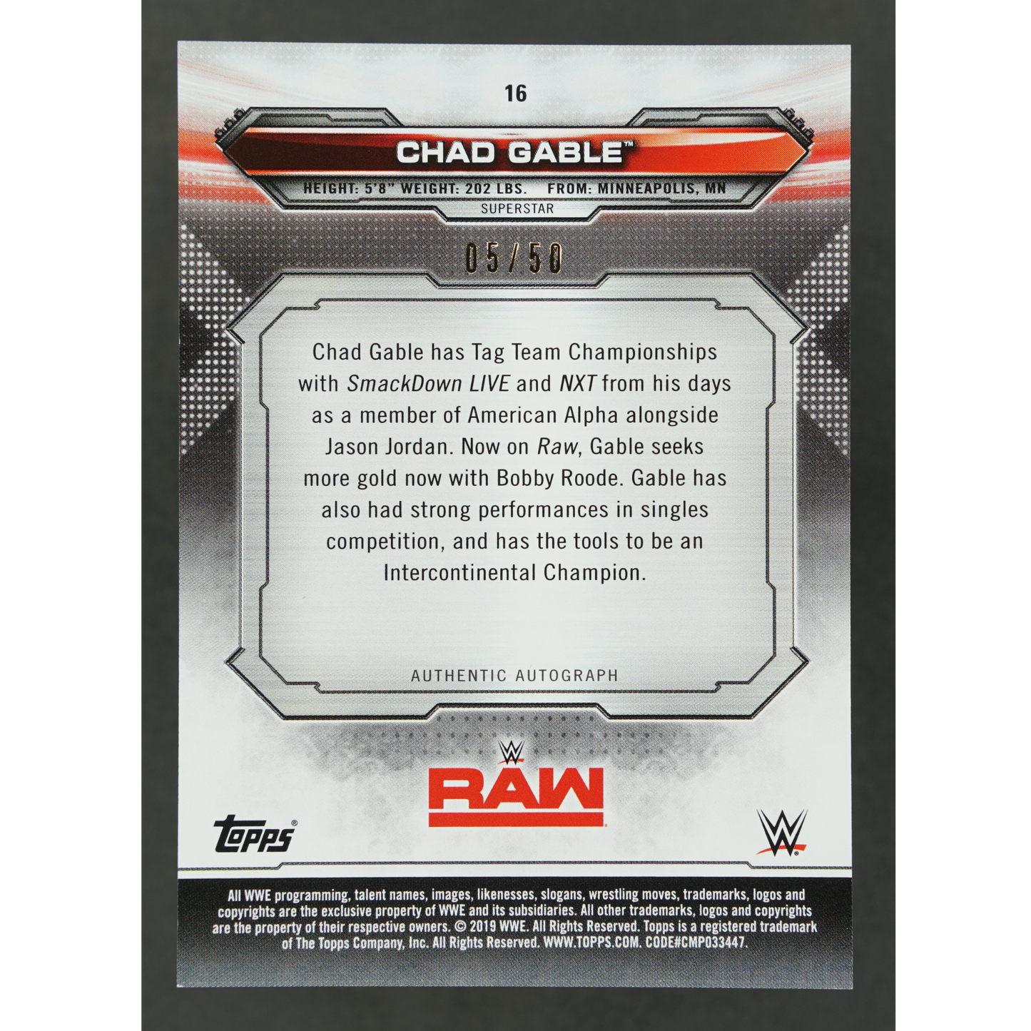 Chad Gable 2019 Auto 5/50 #16