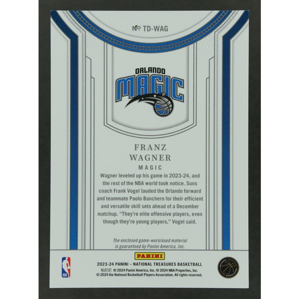 Franz Wagner 2023-24 National Treasures Treasured Threads Patch 2/25 #TD-WAG